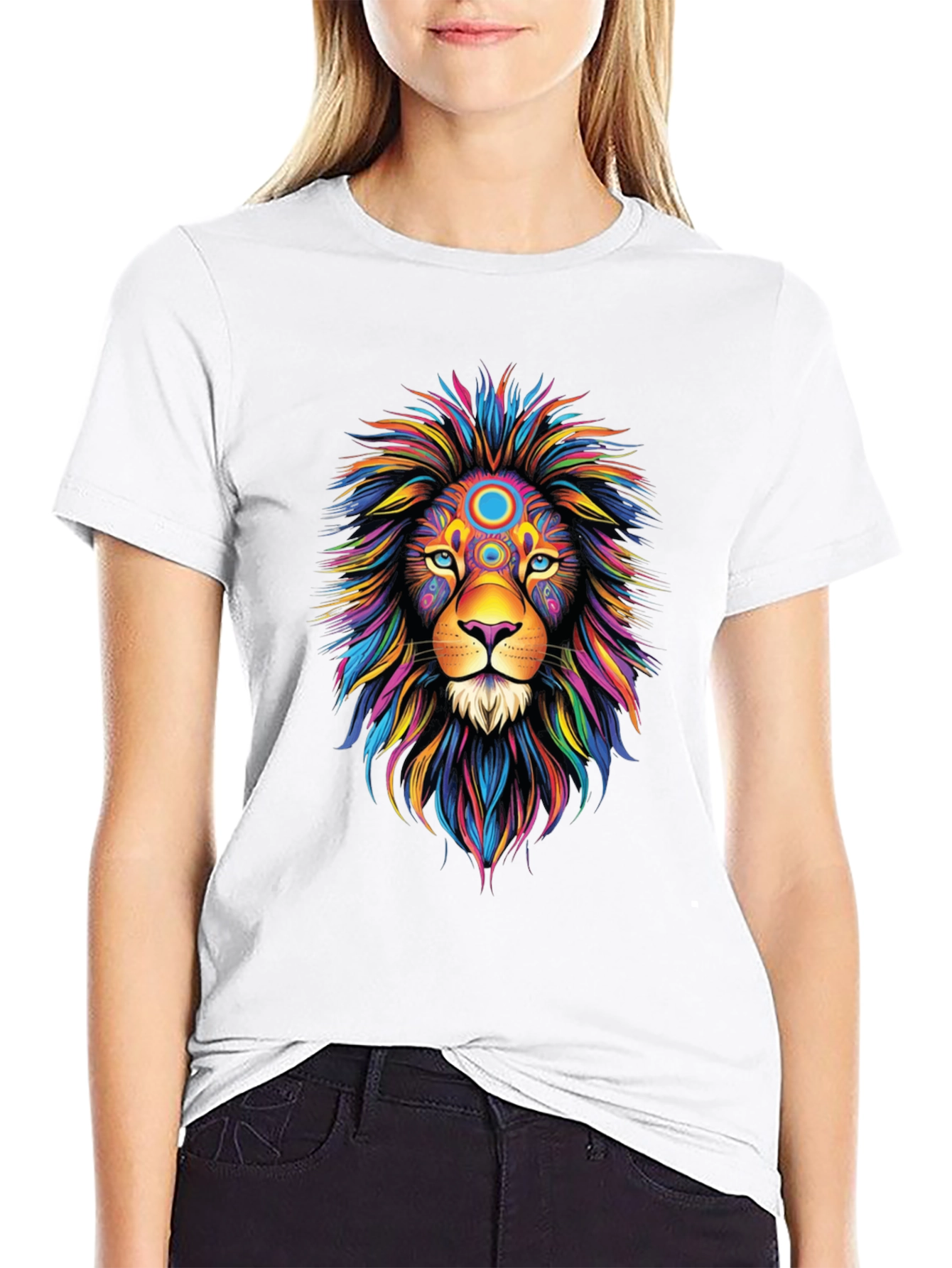 Vibrant Lion Graphic Tee - Black Cotton T-Shirt