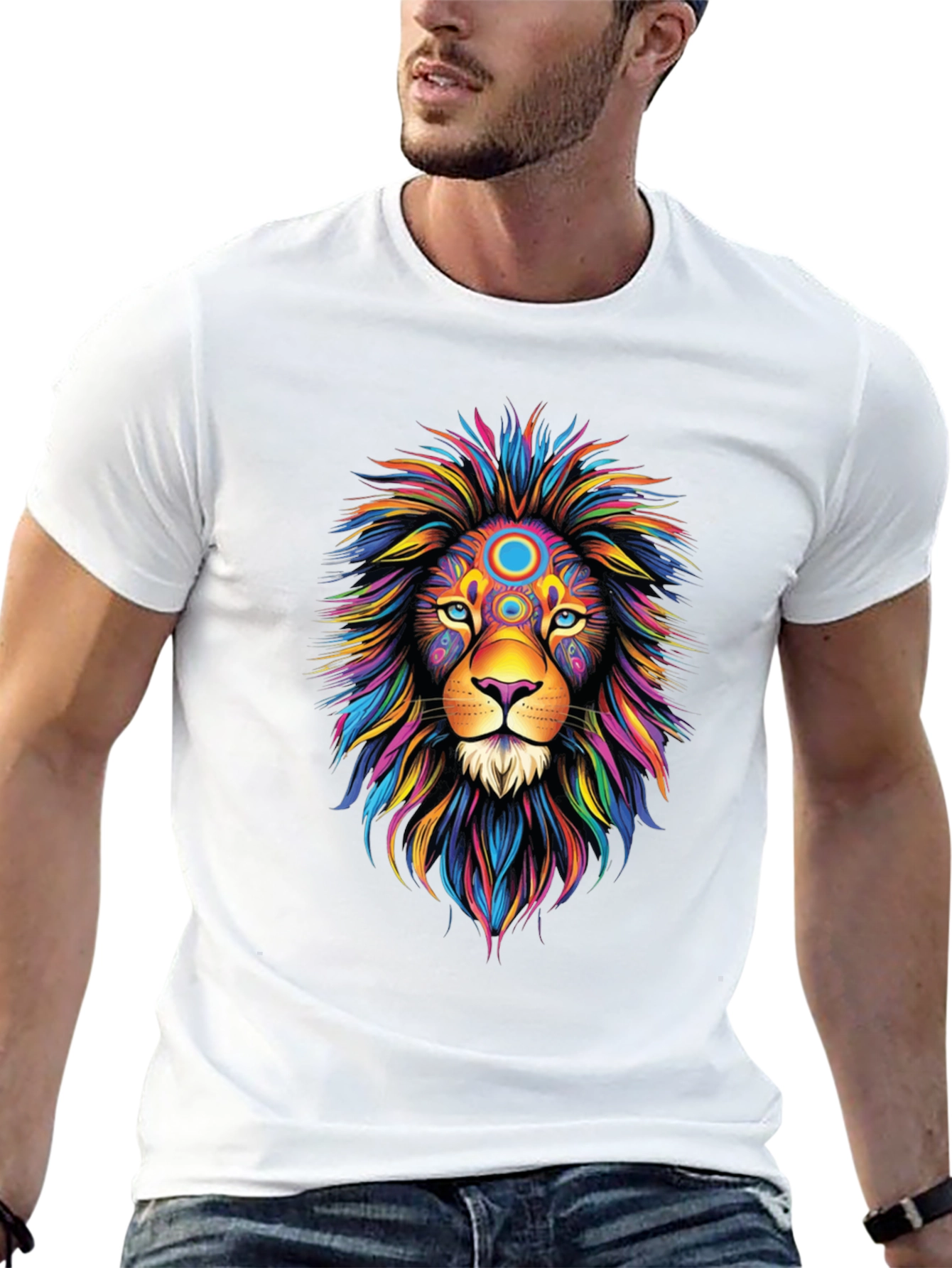 Vibrant Lion Graphic Tee - Black Cotton T-Shirt