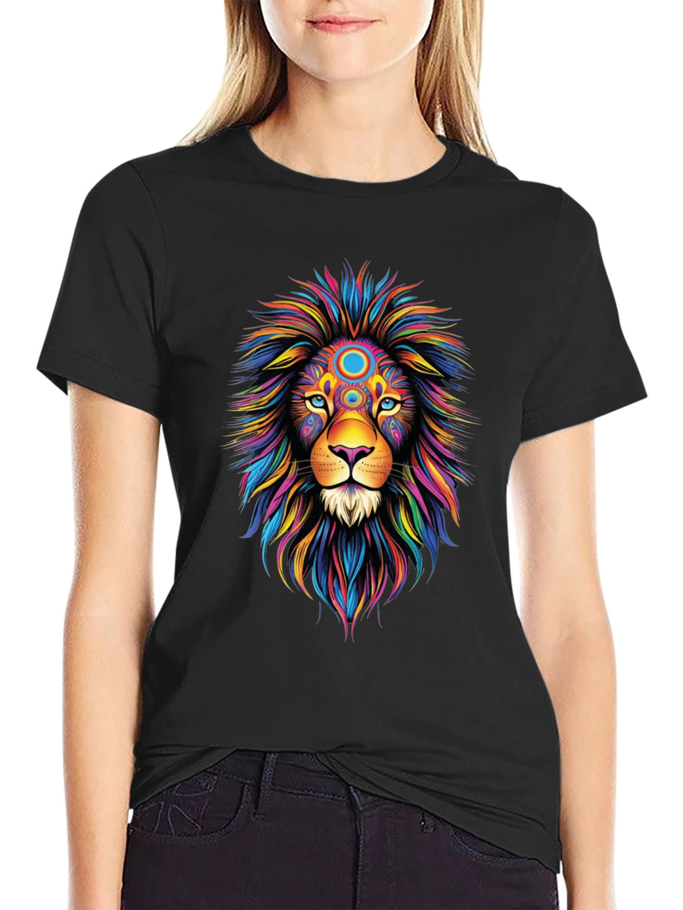 Vibrant Lion Graphic Tee - Black Cotton T-Shirt