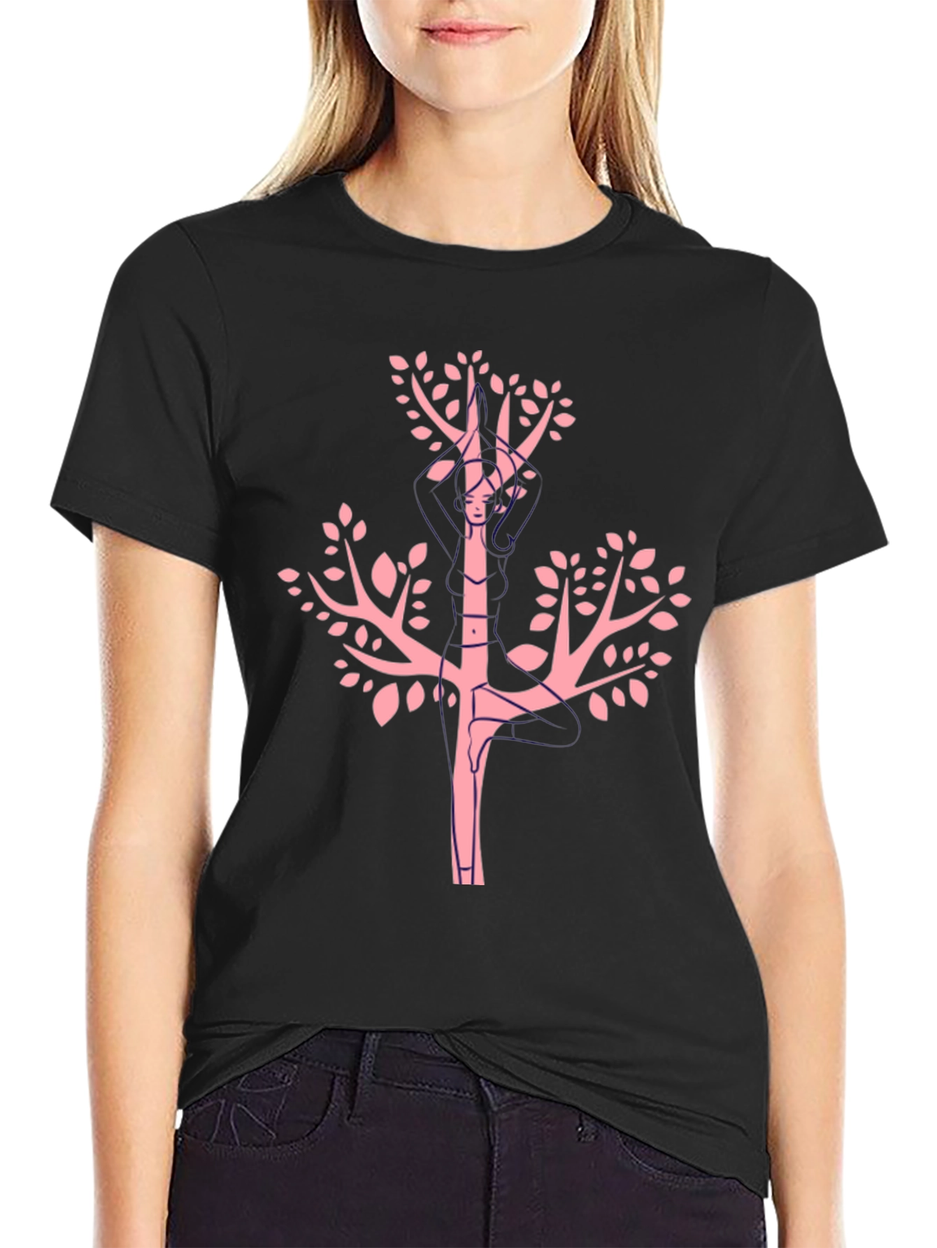 Unique Pink Tree Graphic Black Tee