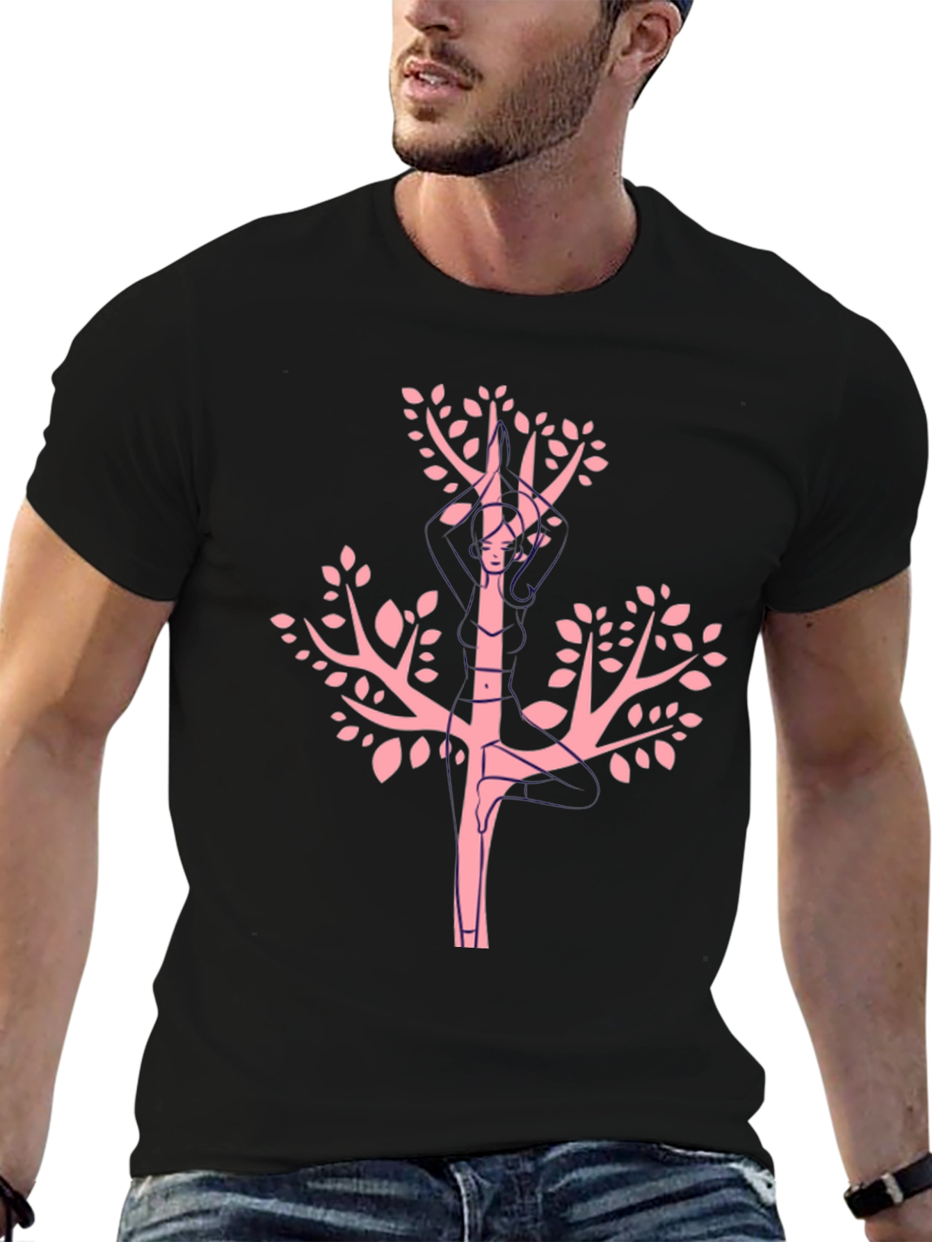 Unique Pink Tree Graphic Black Tee