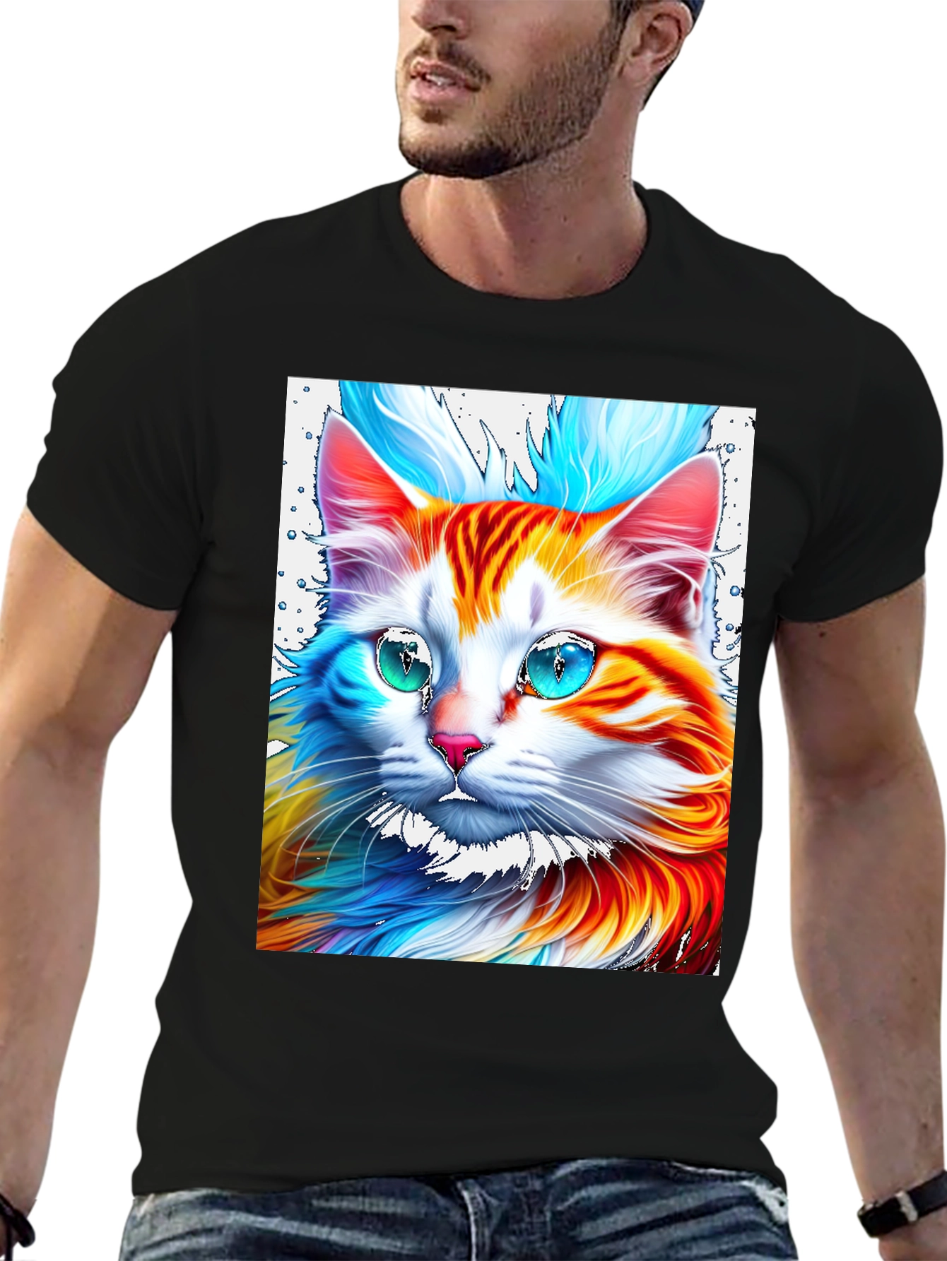 Vibrant Cat Graphic Tee - Stylish Mens Black T-Shirt