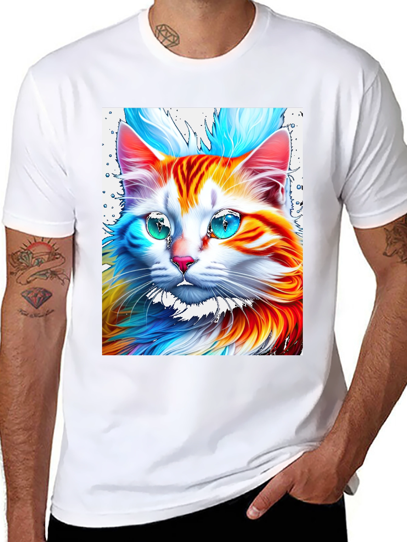 Vibrant Cat Graphic Tee - Stylish Mens Black T-Shirt
