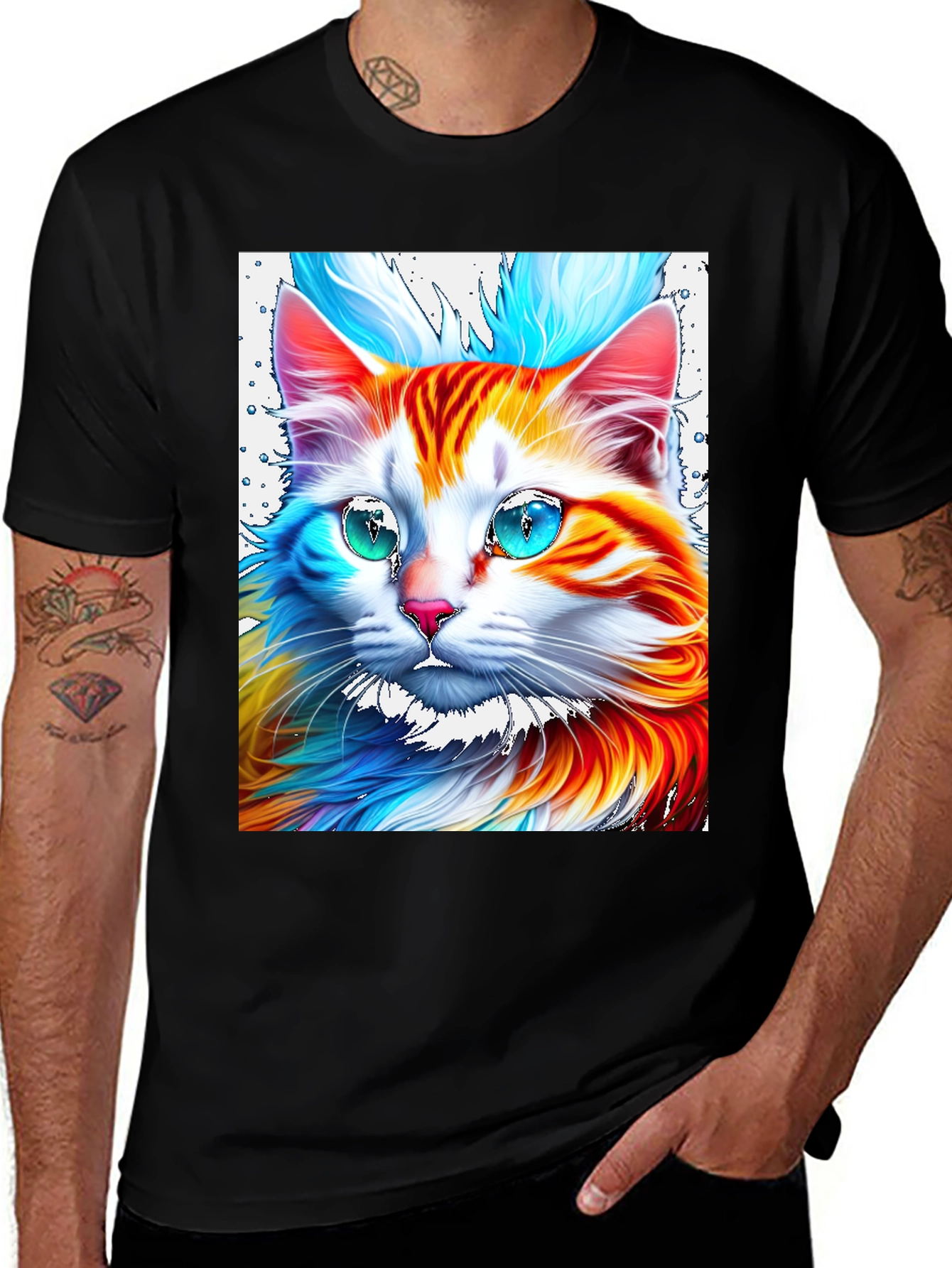 Vibrant Cat Graphic Tee - Stylish Mens Black T-Shirt