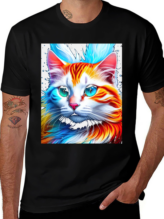Vibrant Cat Graphic Tee - Stylish Mens Black T-Shirt