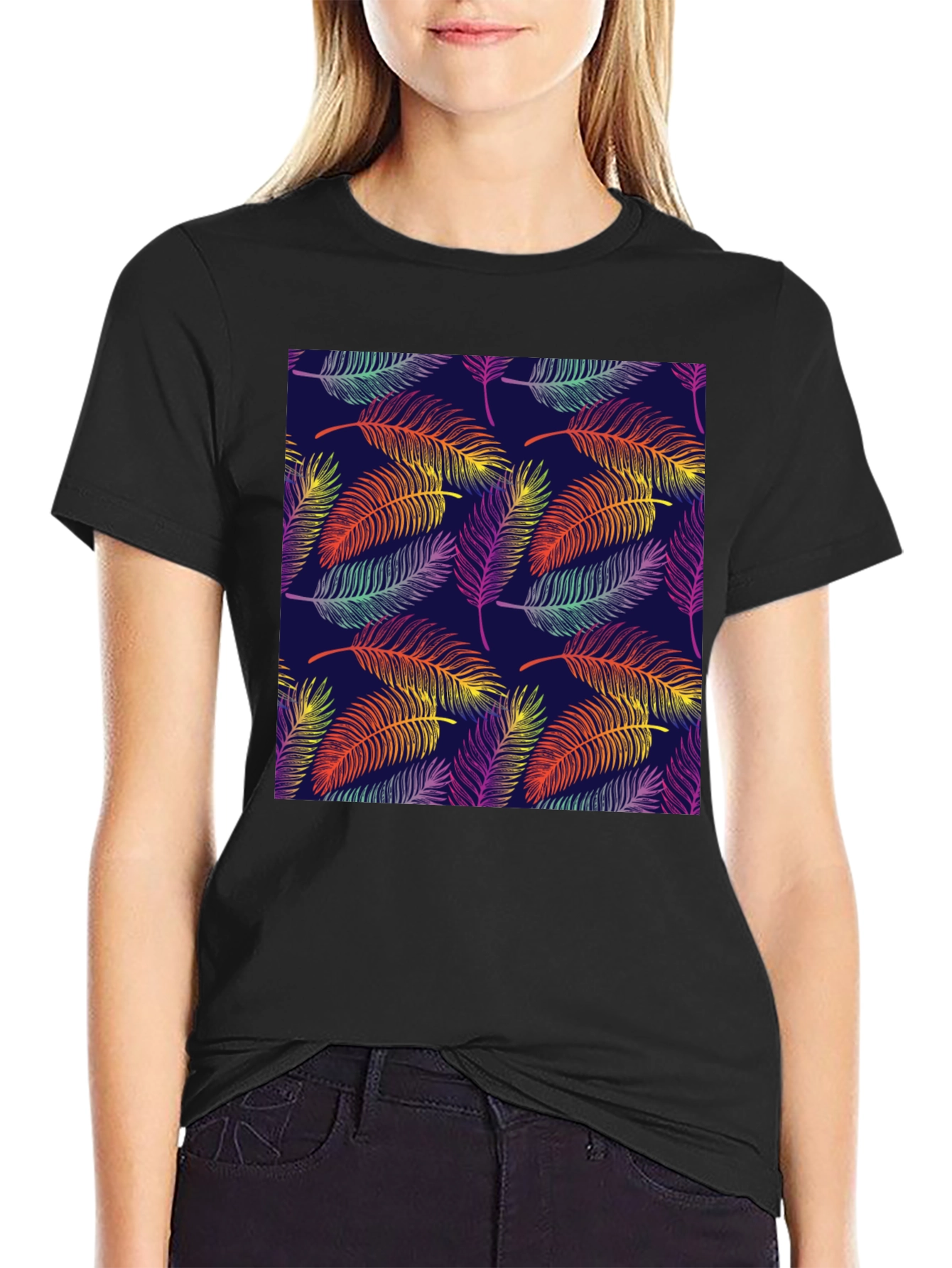 Tropical Leaf Pattern Black T-Shirt