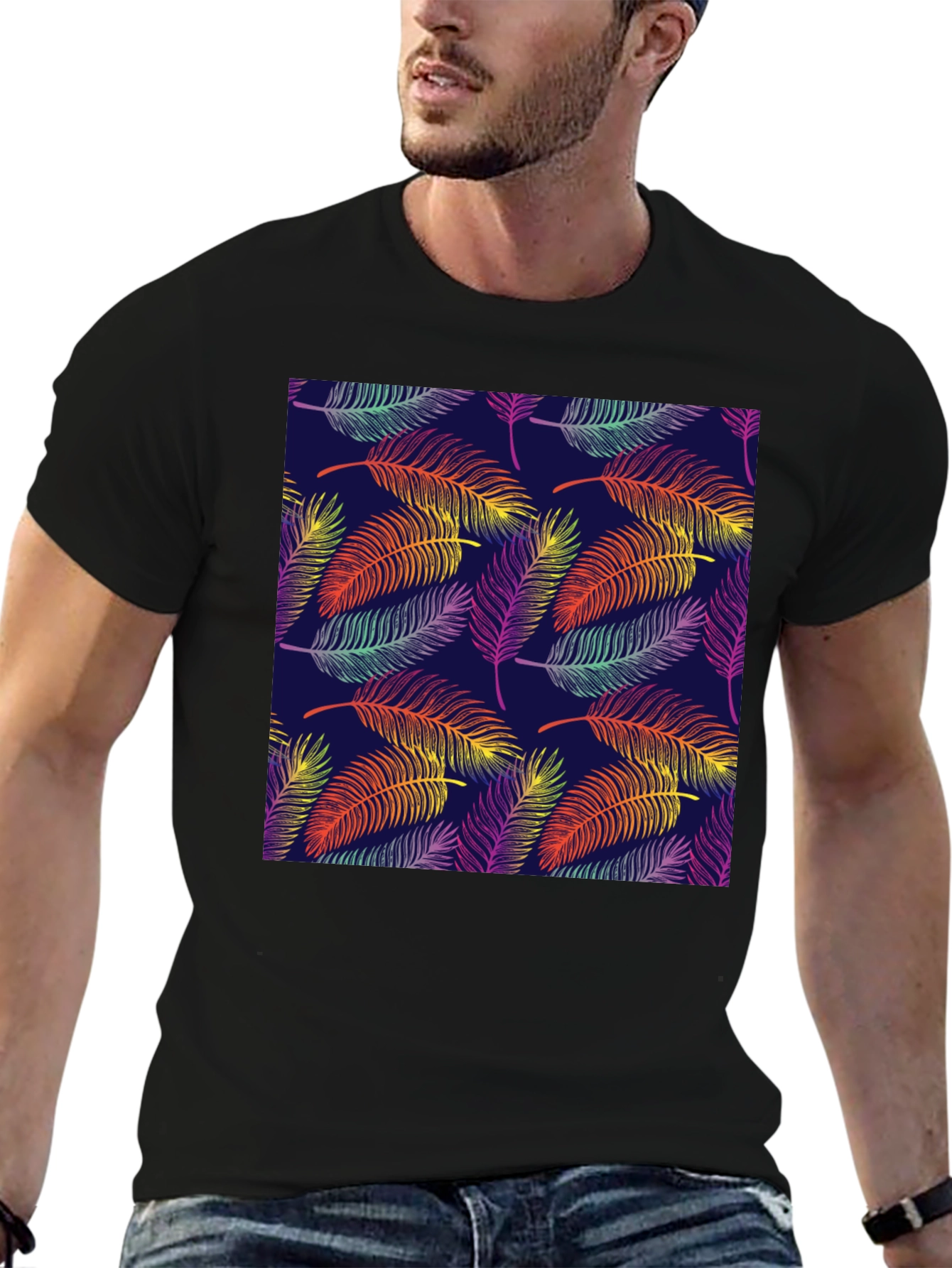 Tropical Leaf Pattern Black T-Shirt