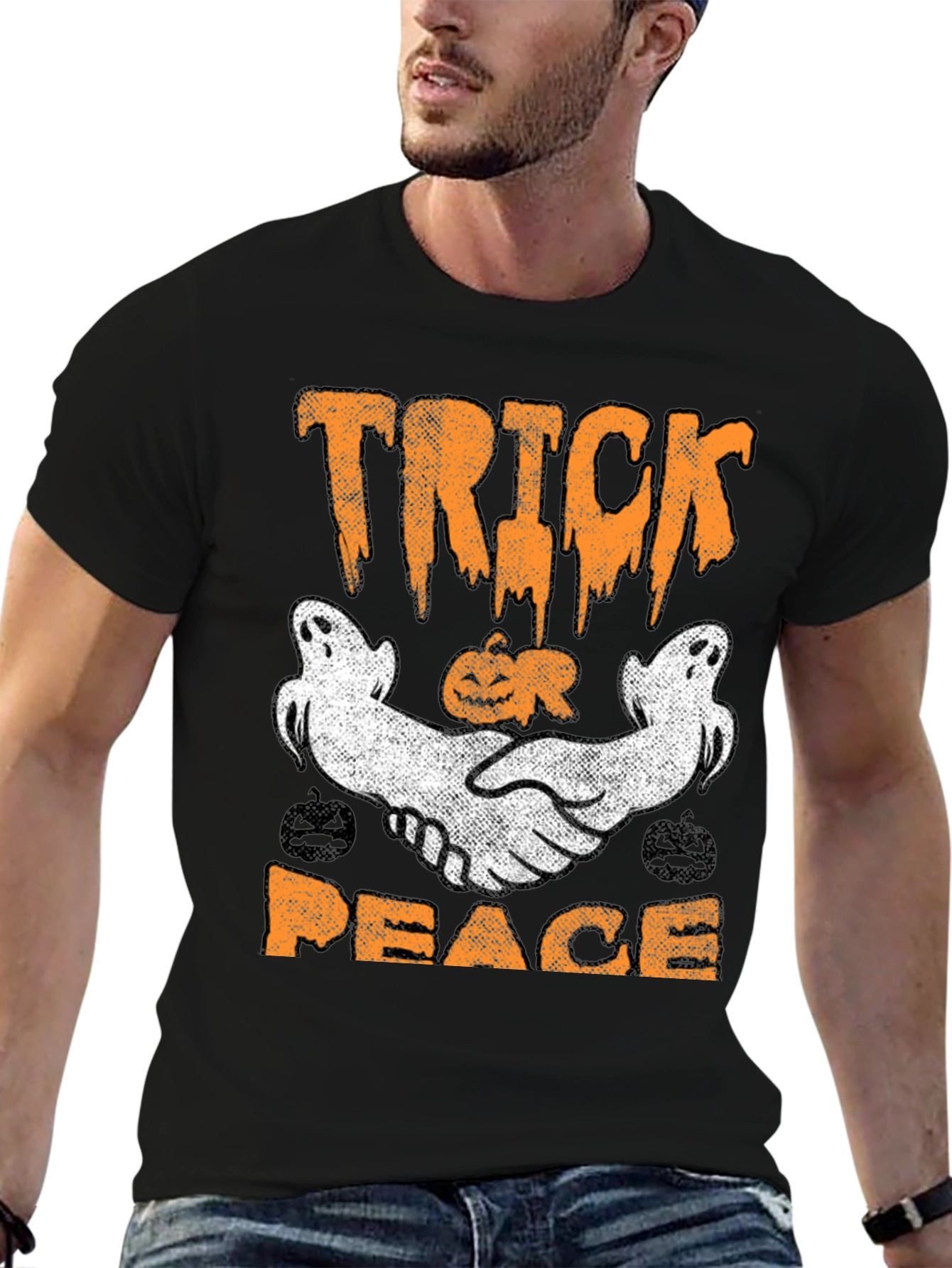Trick Peace Halloween T-Shirt Ghost Pumpkin Graphic Tee