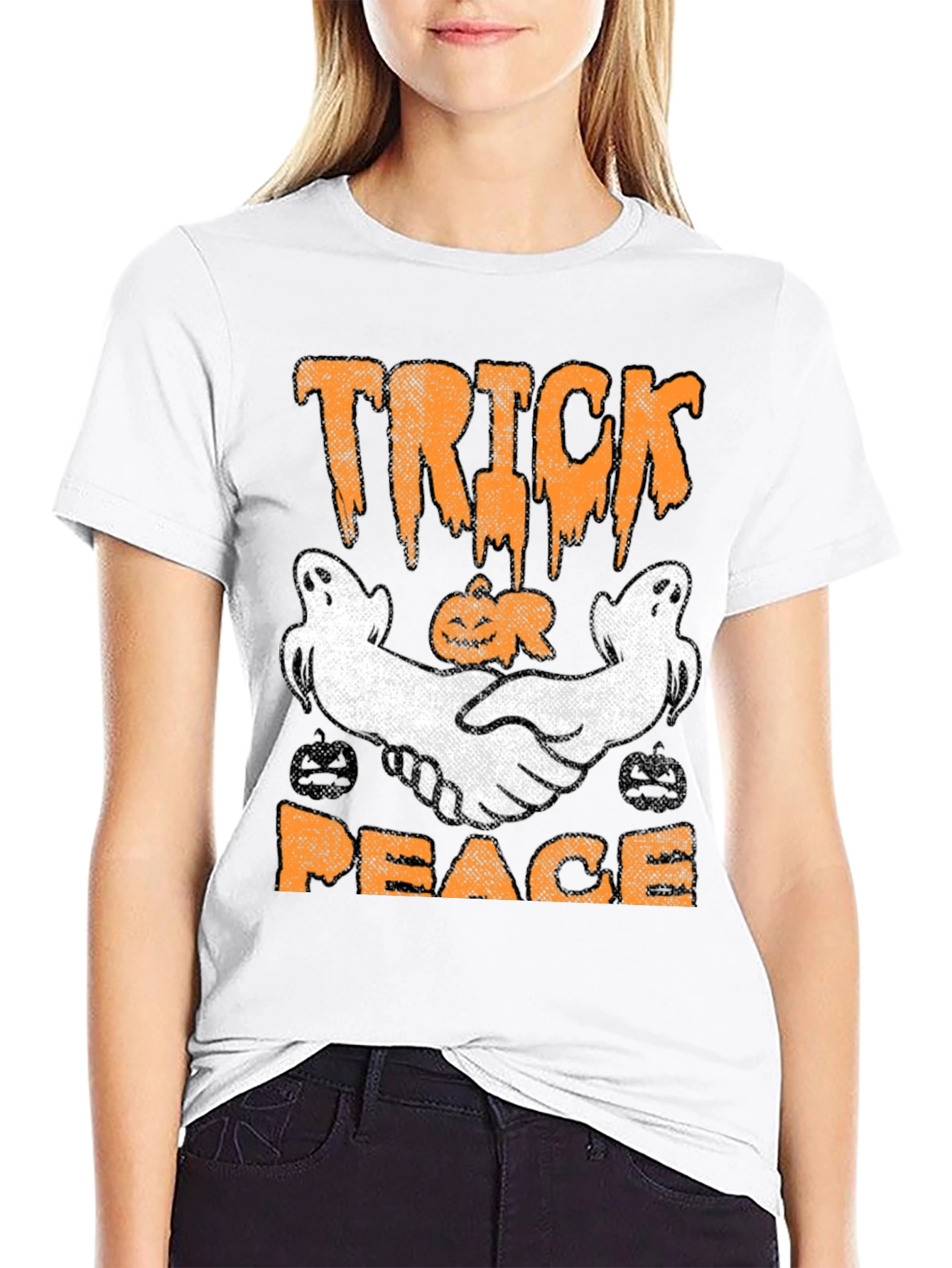 Trick Peace Halloween T-Shirt Ghost Pumpkin Graphic Tee