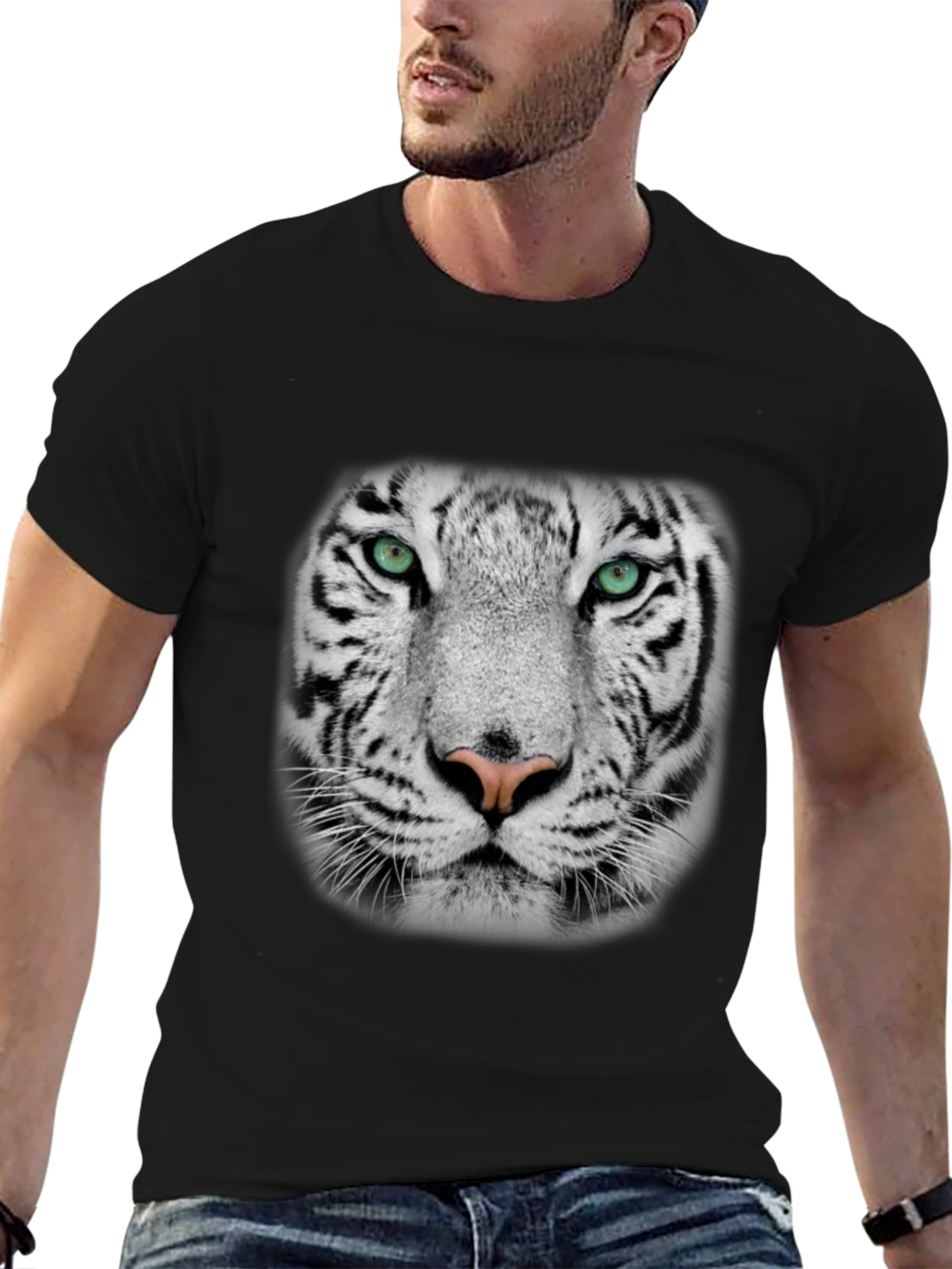 White Tiger Graphic Print Black T-Shirt