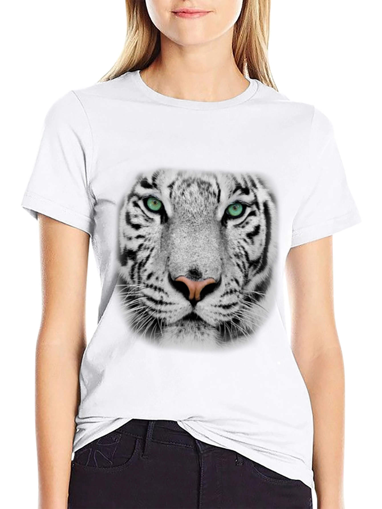 White Tiger Graphic Print Black T-Shirt
