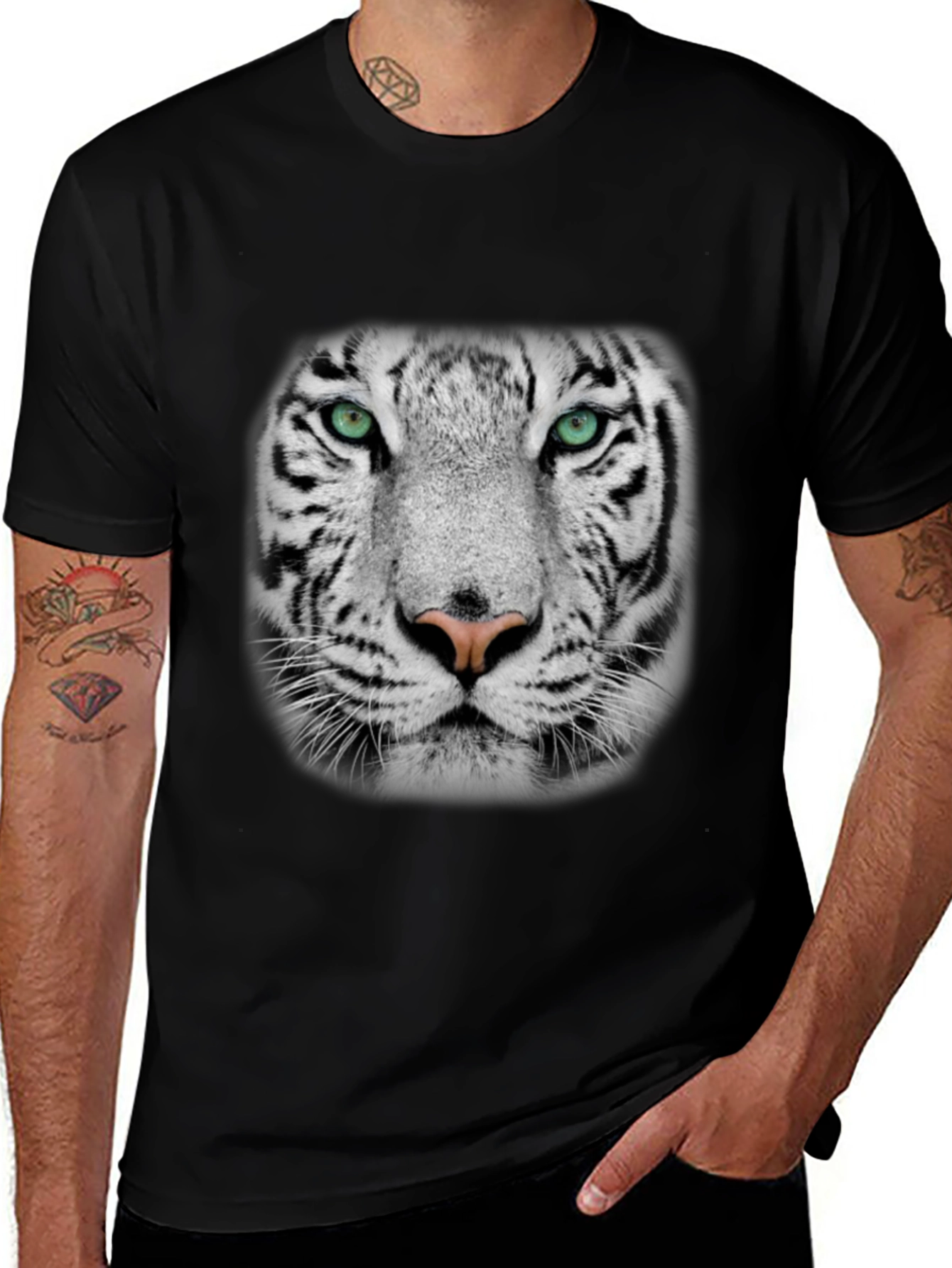 White Tiger Graphic Print Black T-Shirt