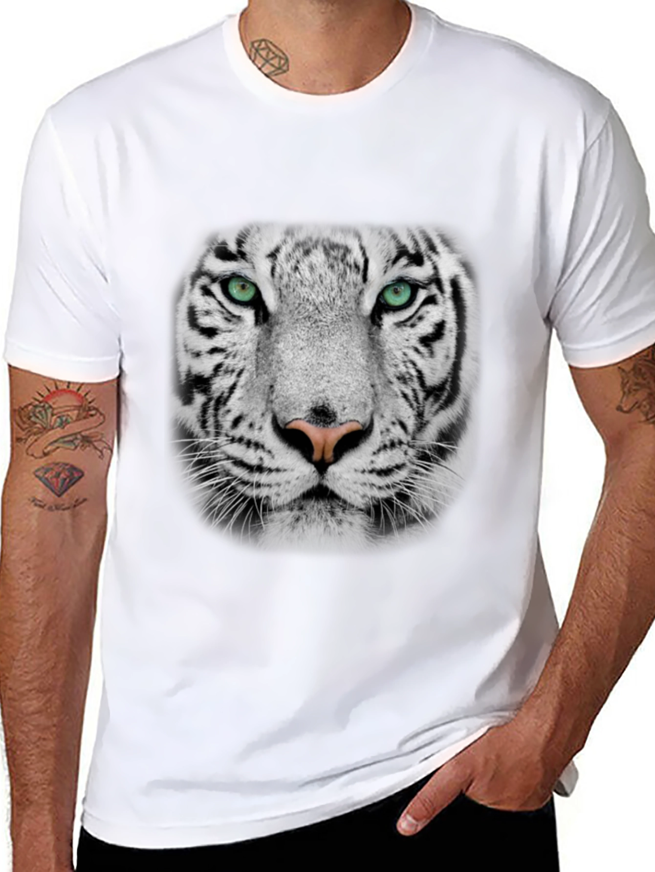 White Tiger Graphic Print Black T-Shirt