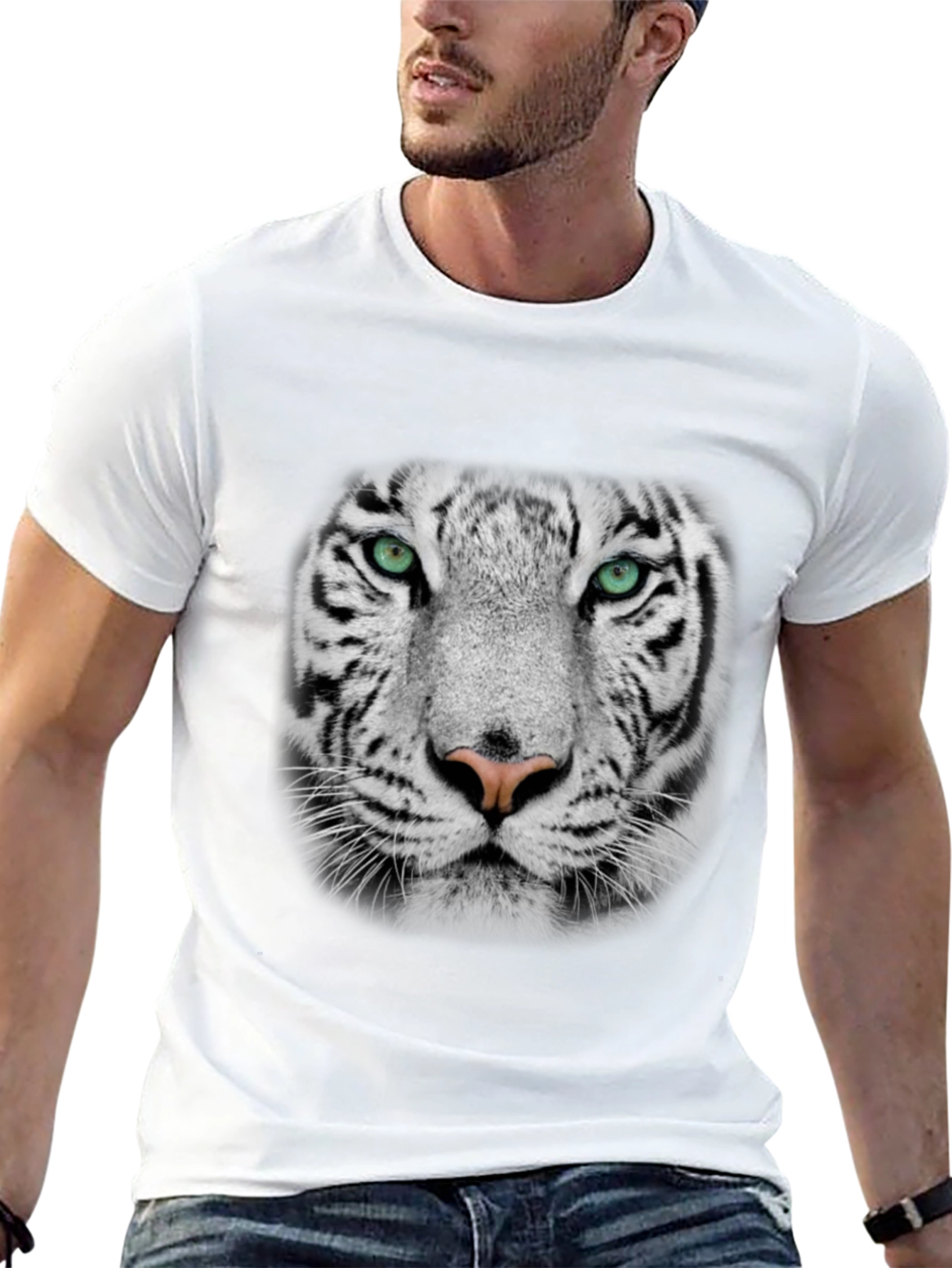 White Tiger Graphic Print Black T-Shirt