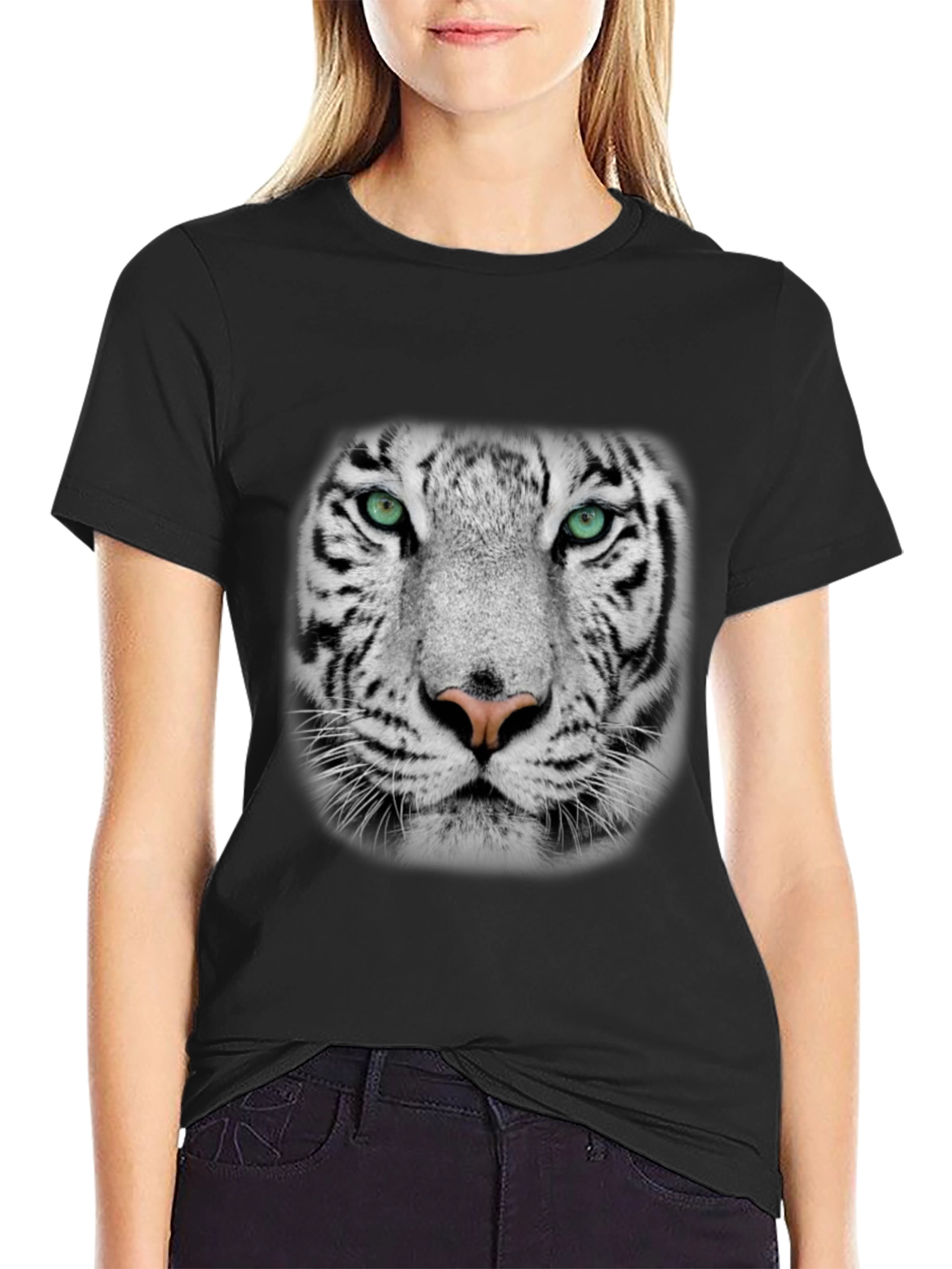 White Tiger Graphic Print Black T-Shirt