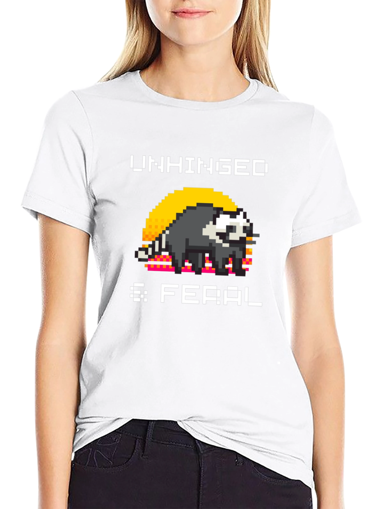 Unhinged & Feral T-Shirt - Pixel Art Raccoon Tee