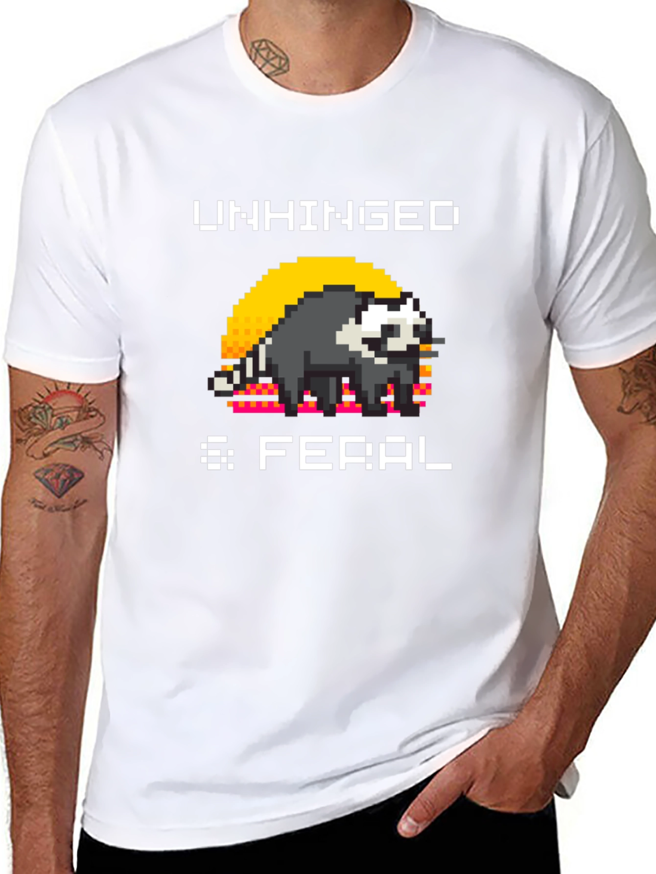Unhinged & Feral T-Shirt - Pixel Art Raccoon Tee