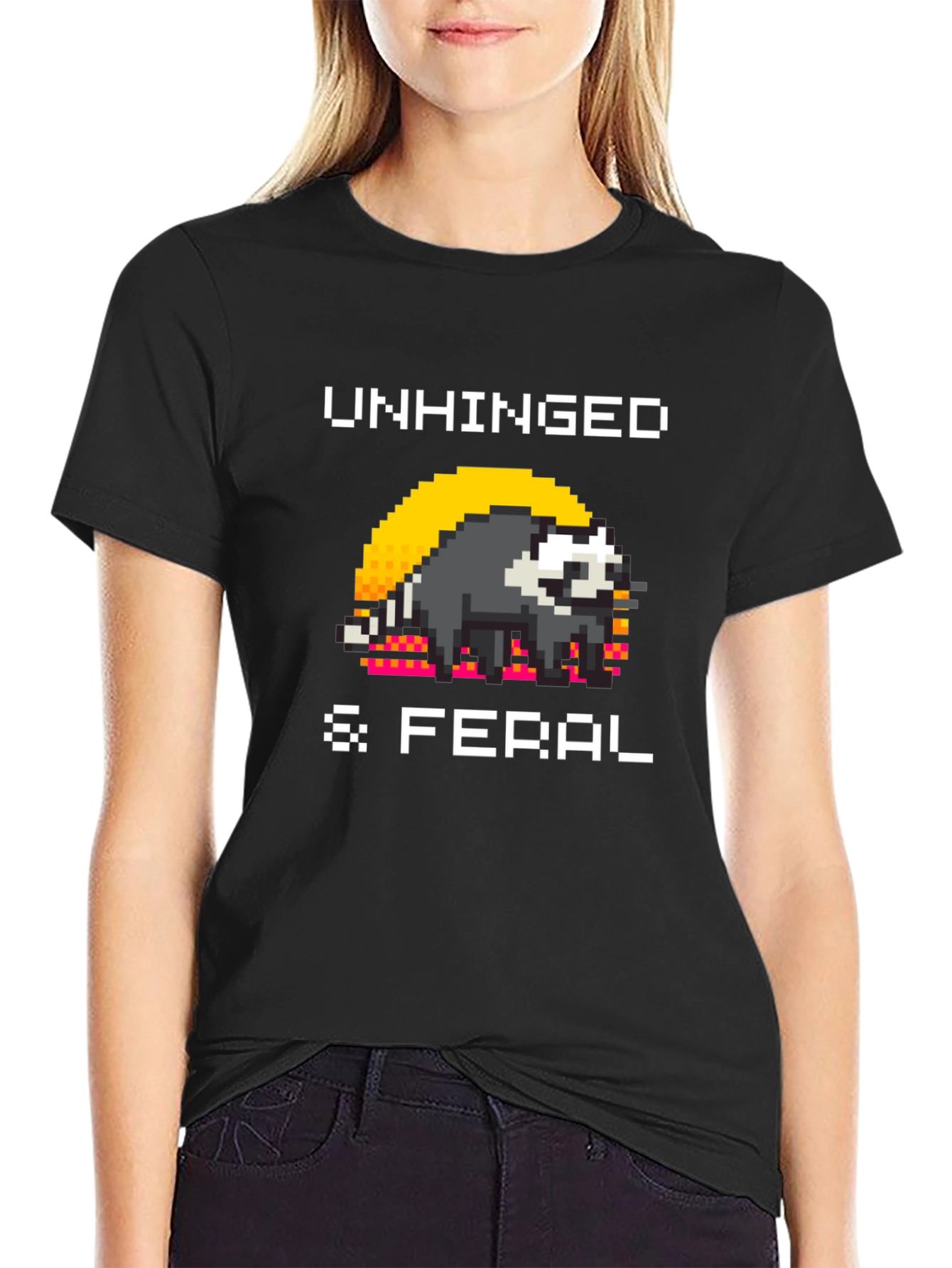 Unhinged & Feral T-Shirt - Pixel Art Raccoon Tee