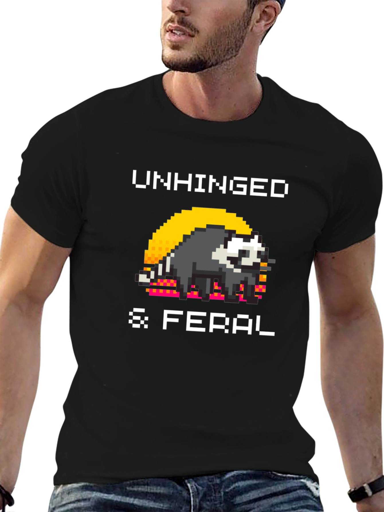 Unhinged & Feral T-Shirt - Pixel Art Raccoon Tee