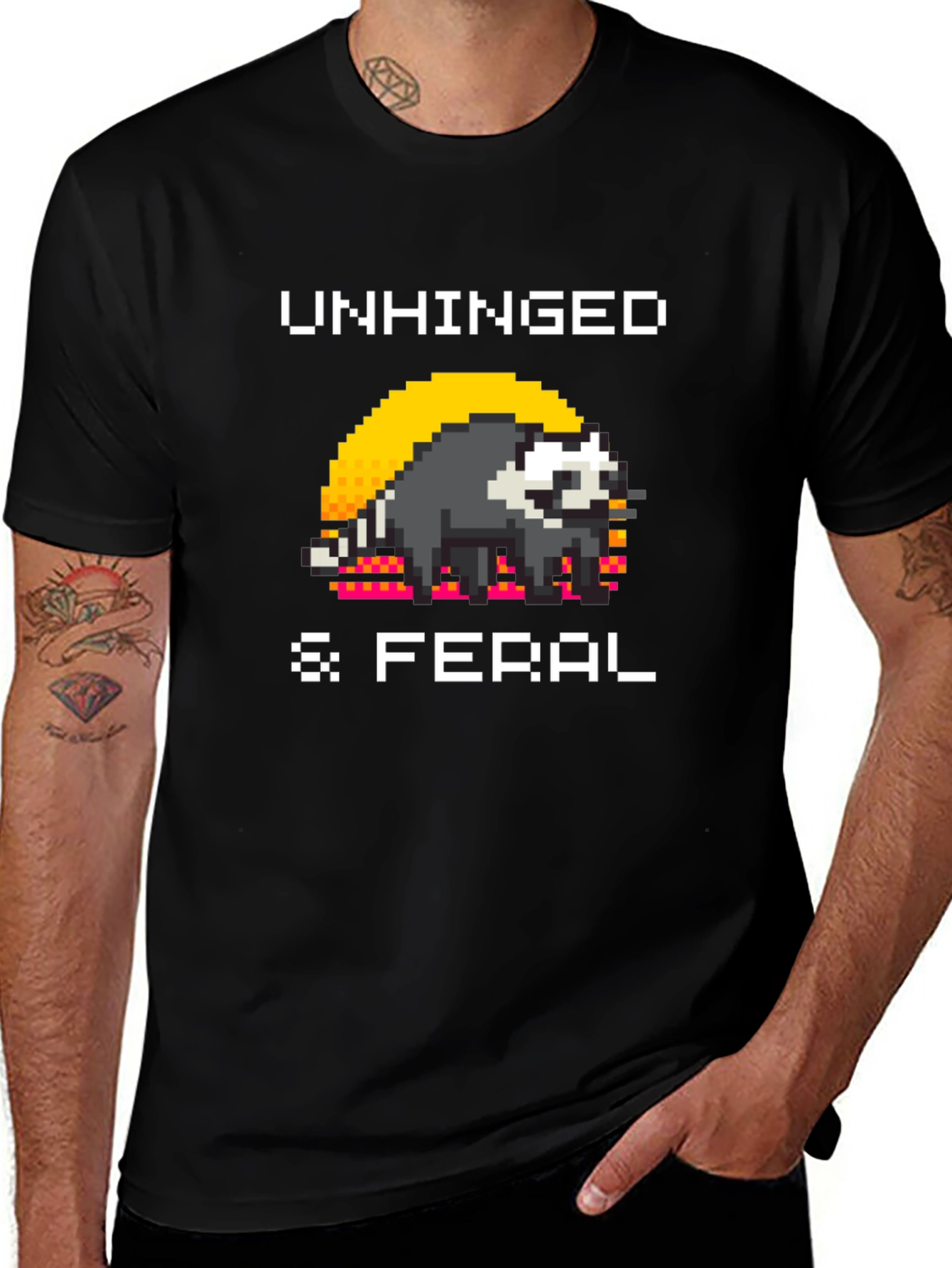 Unhinged & Feral T-Shirt - Pixel Art Raccoon Tee