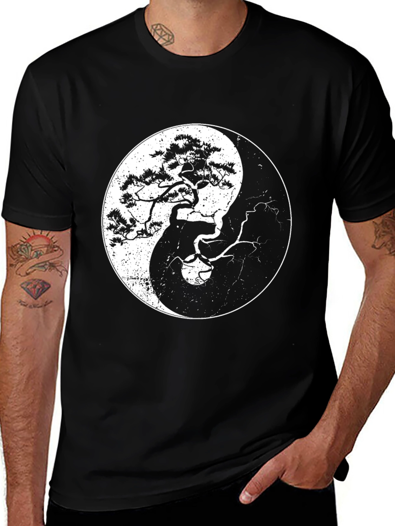 Yin Yang Bonsai Tree Black T-Shirt