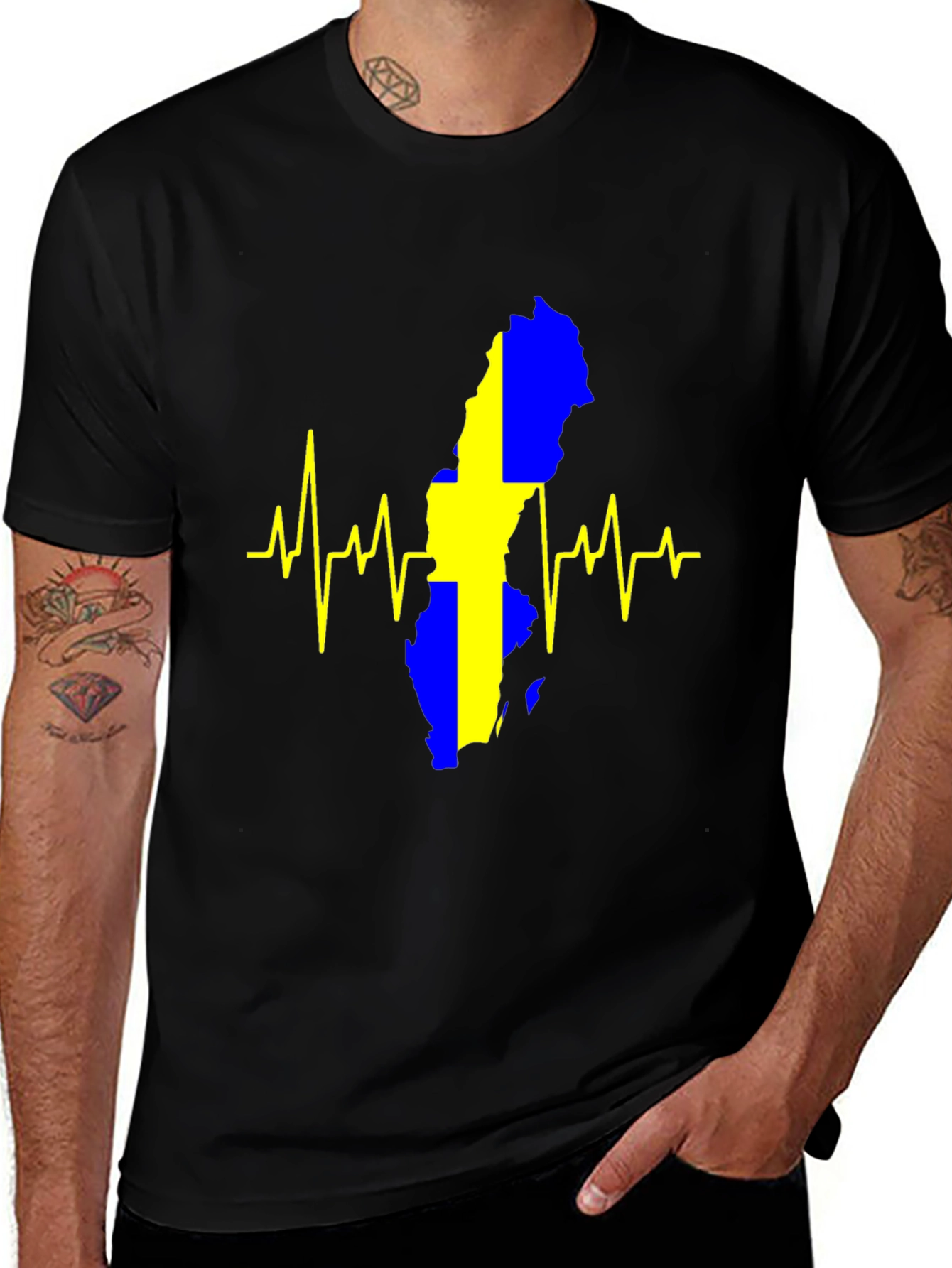 Sweden Flag Heartbeat T-Shirt - Black