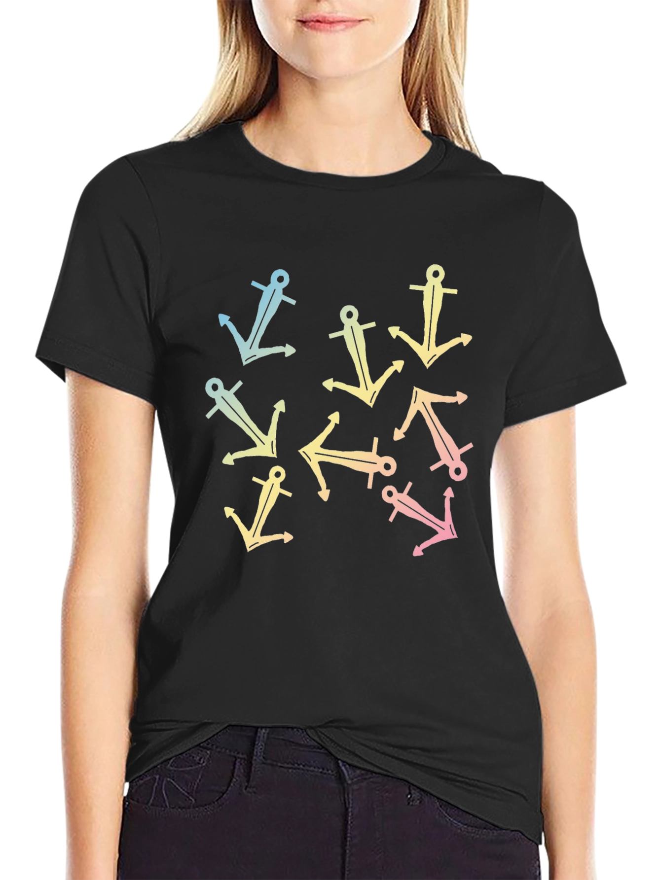Trendy Anchor Print Black T-Shirt