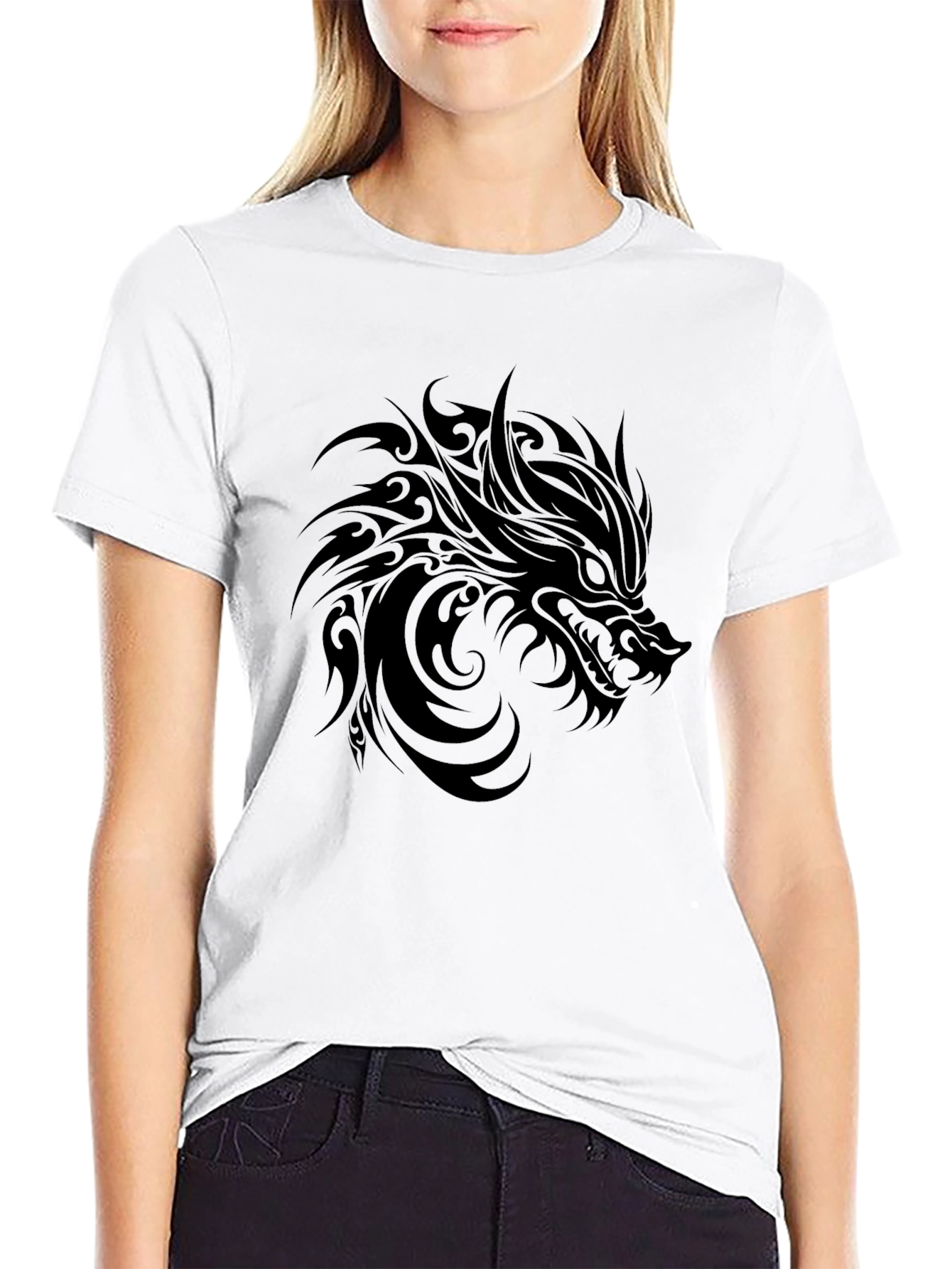 Tribal Wolf Graphic Black T-Shirt