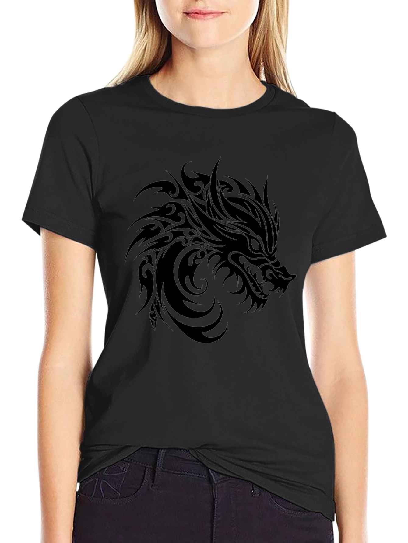 Tribal Wolf Graphic Black T-Shirt