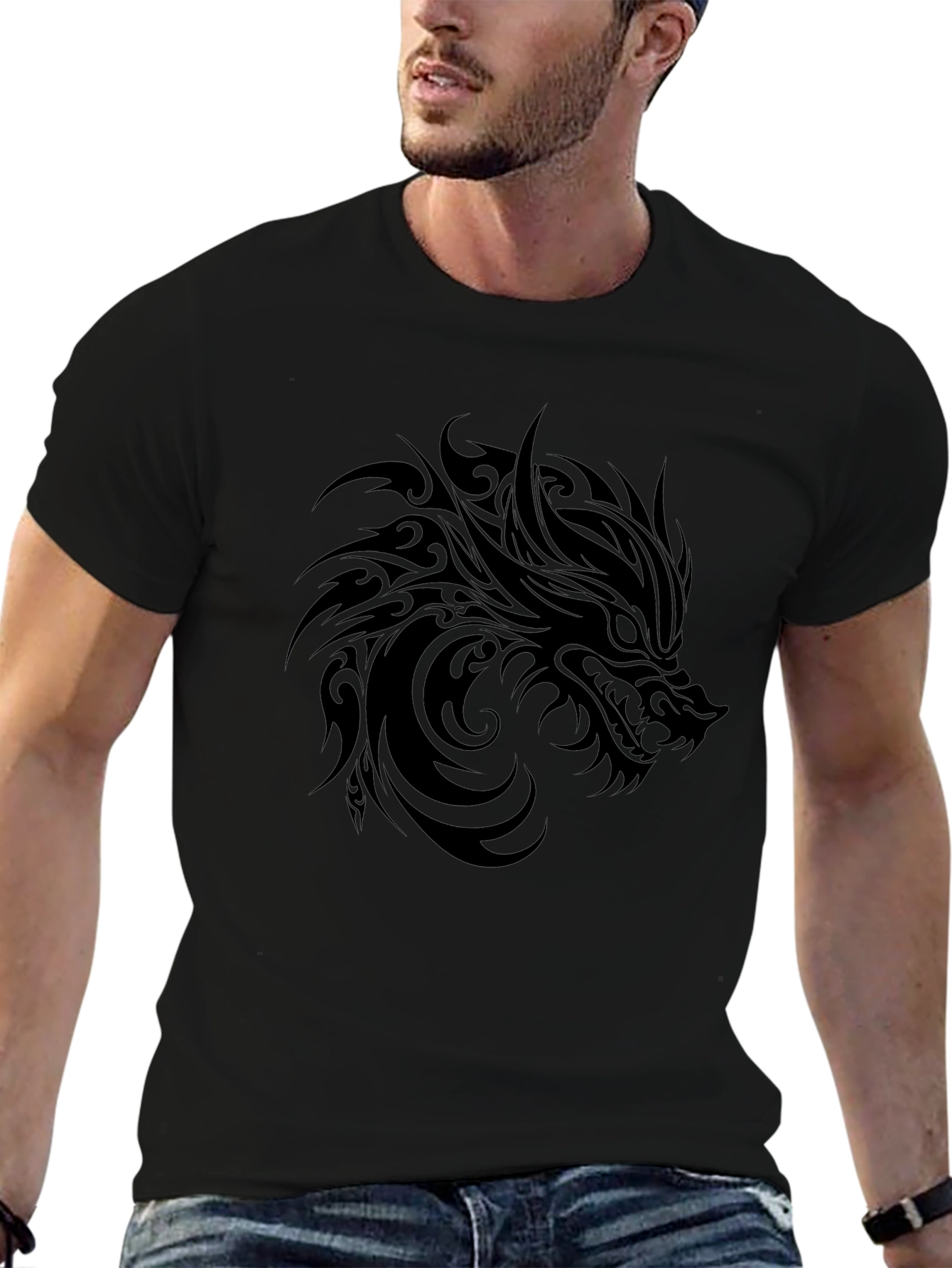Tribal Wolf Graphic Black T-Shirt