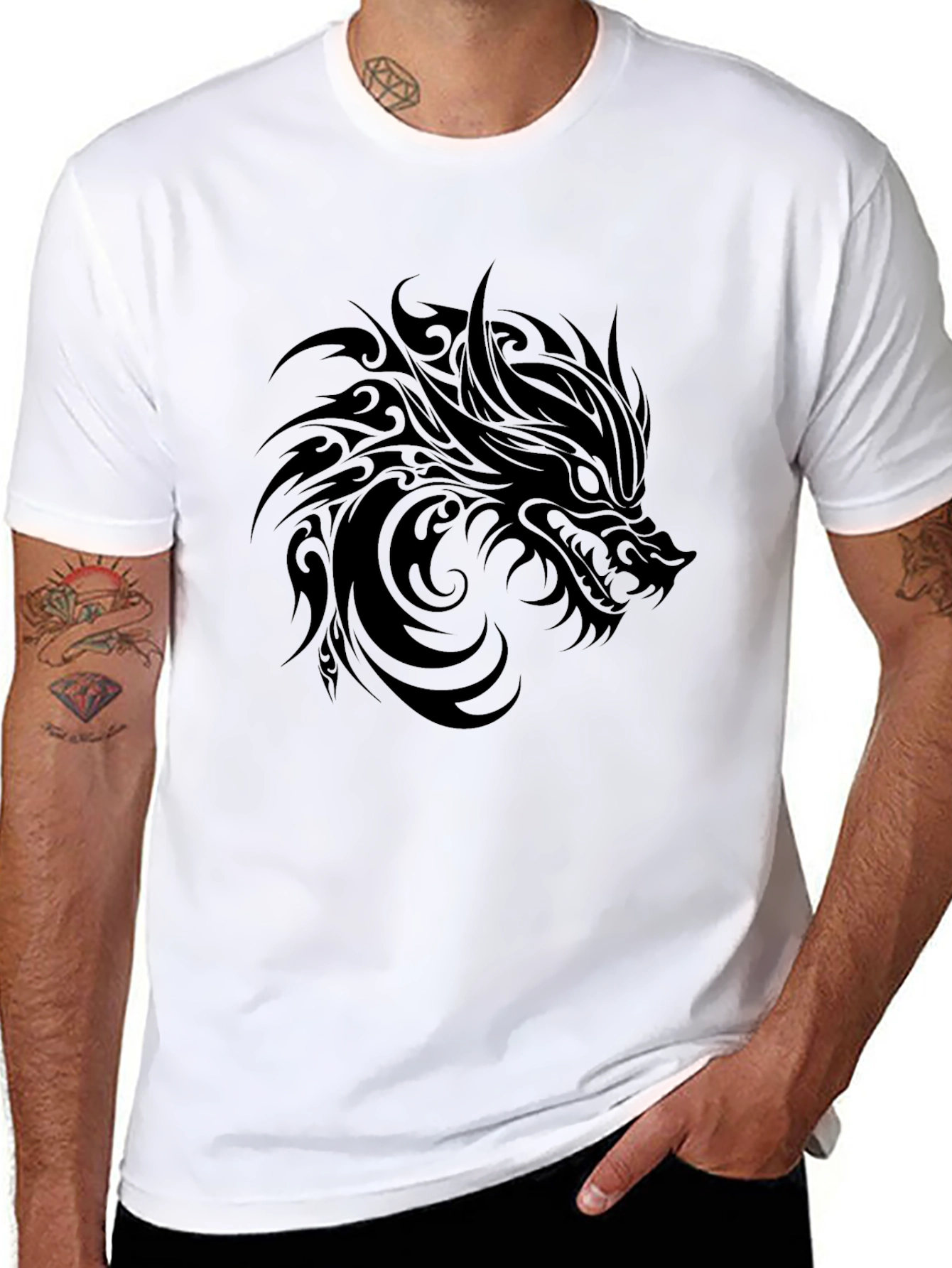 Tribal Wolf Graphic Black T-Shirt