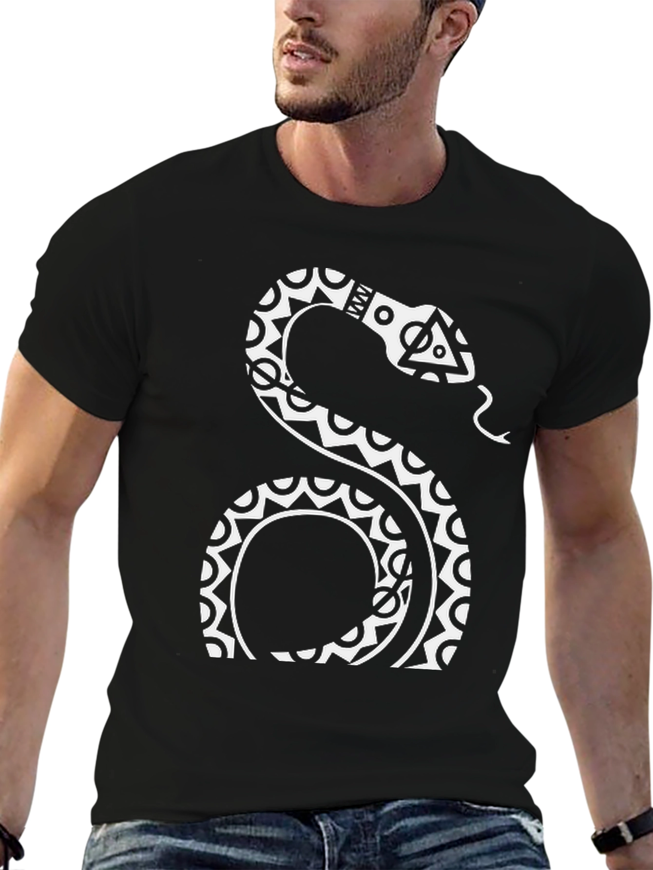 Tribal Snake Graphic Tee - Black Cotton Blend T-Shirt