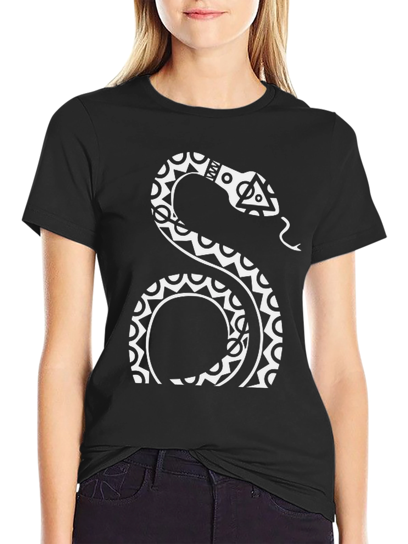 Tribal Snake Graphic Tee - Black Cotton Blend T-Shirt