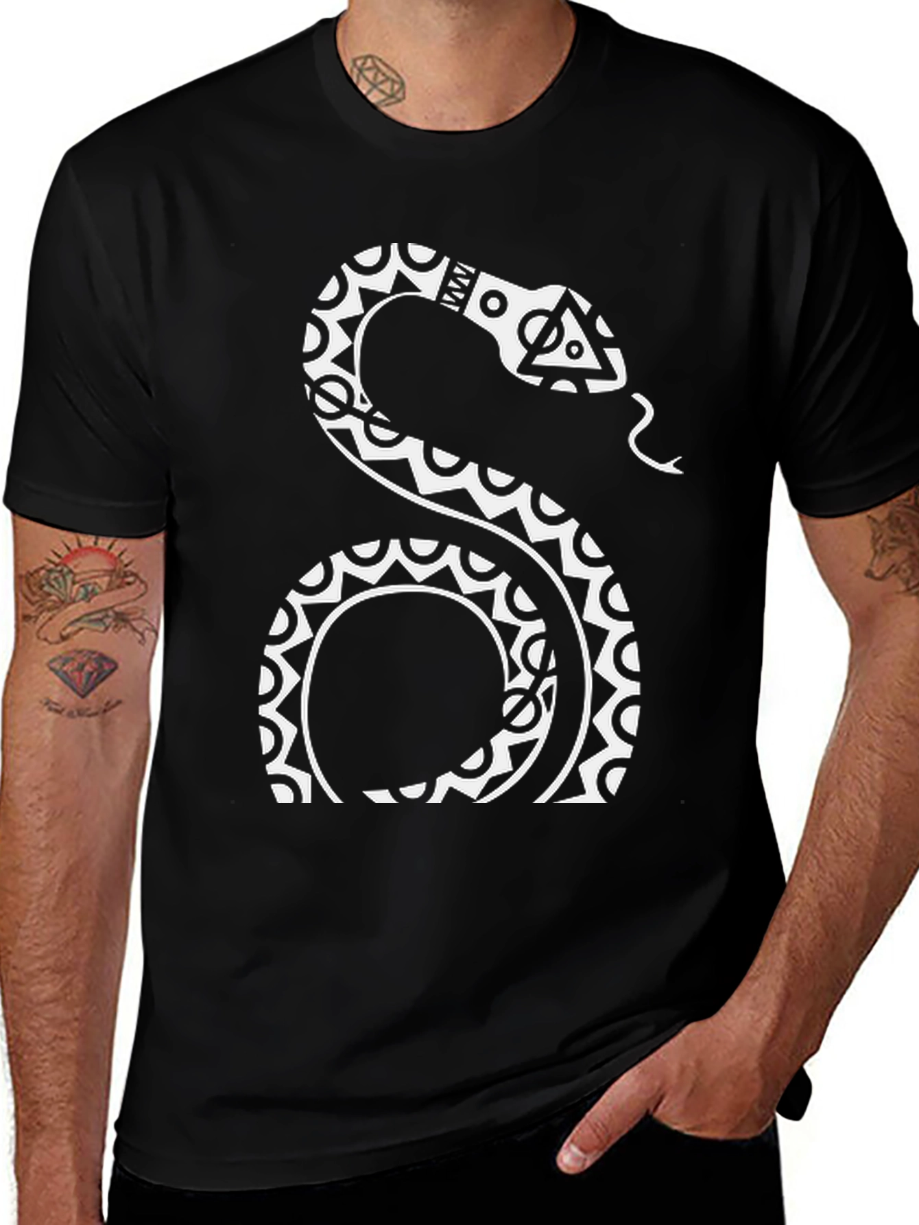 Tribal Snake Graphic Tee - Black Cotton Blend T-Shirt
