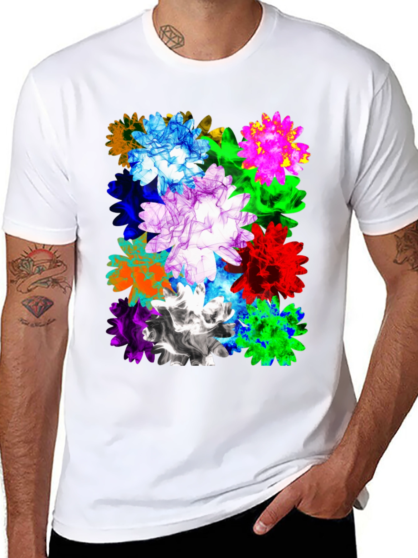 Vibrant Floral Print Mens Black T-Shirt