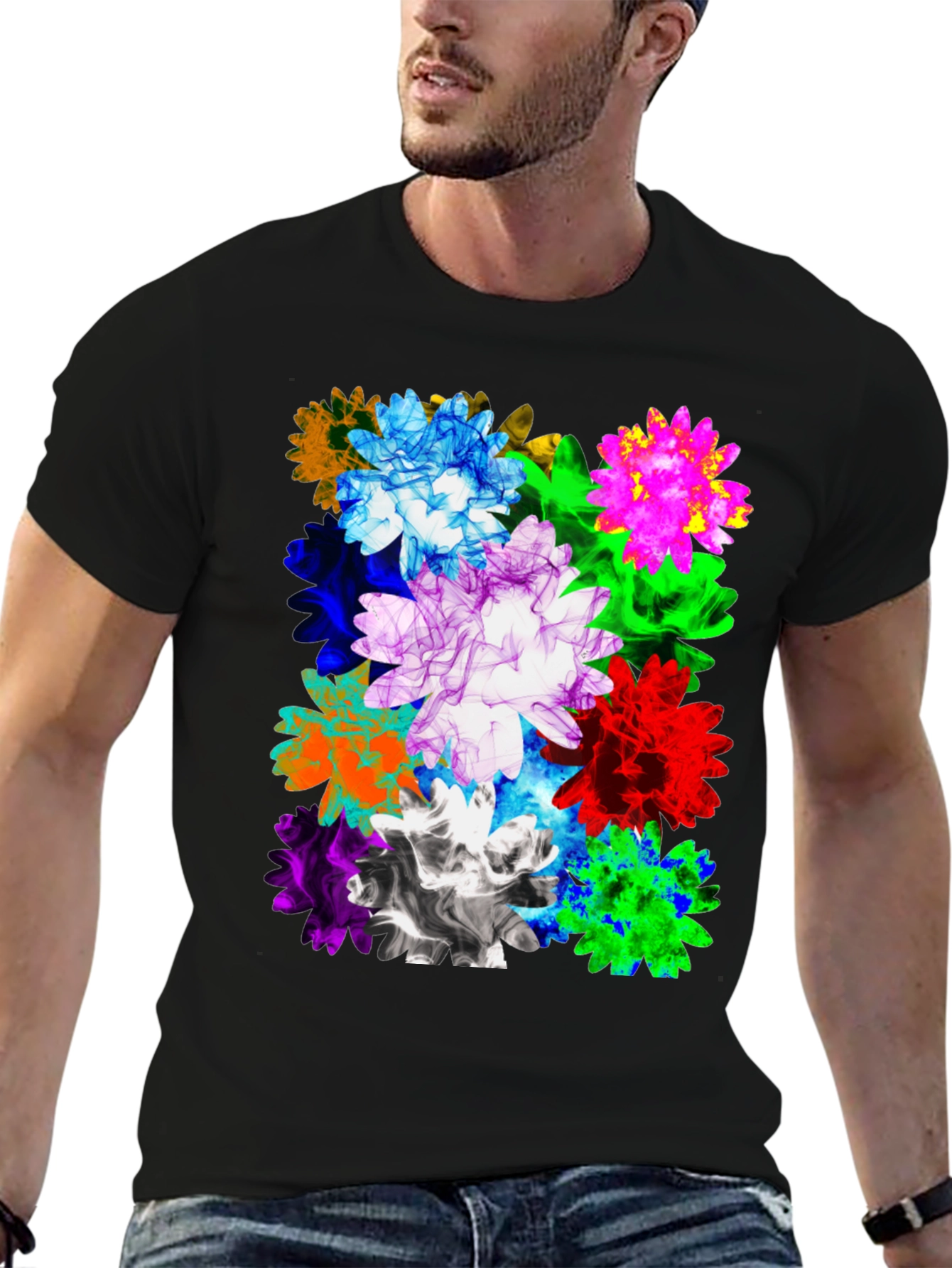 Vibrant Floral Print Mens Black T-Shirt
