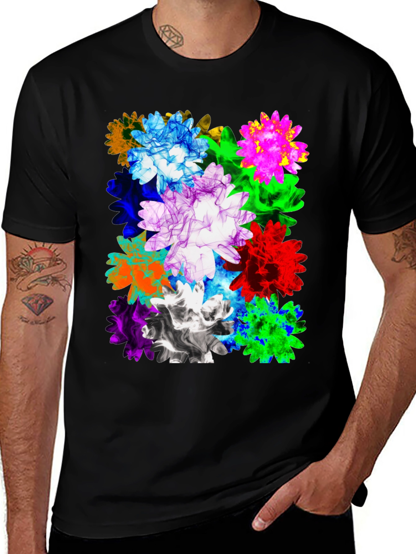 Vibrant Floral Print Mens Black T-Shirt
