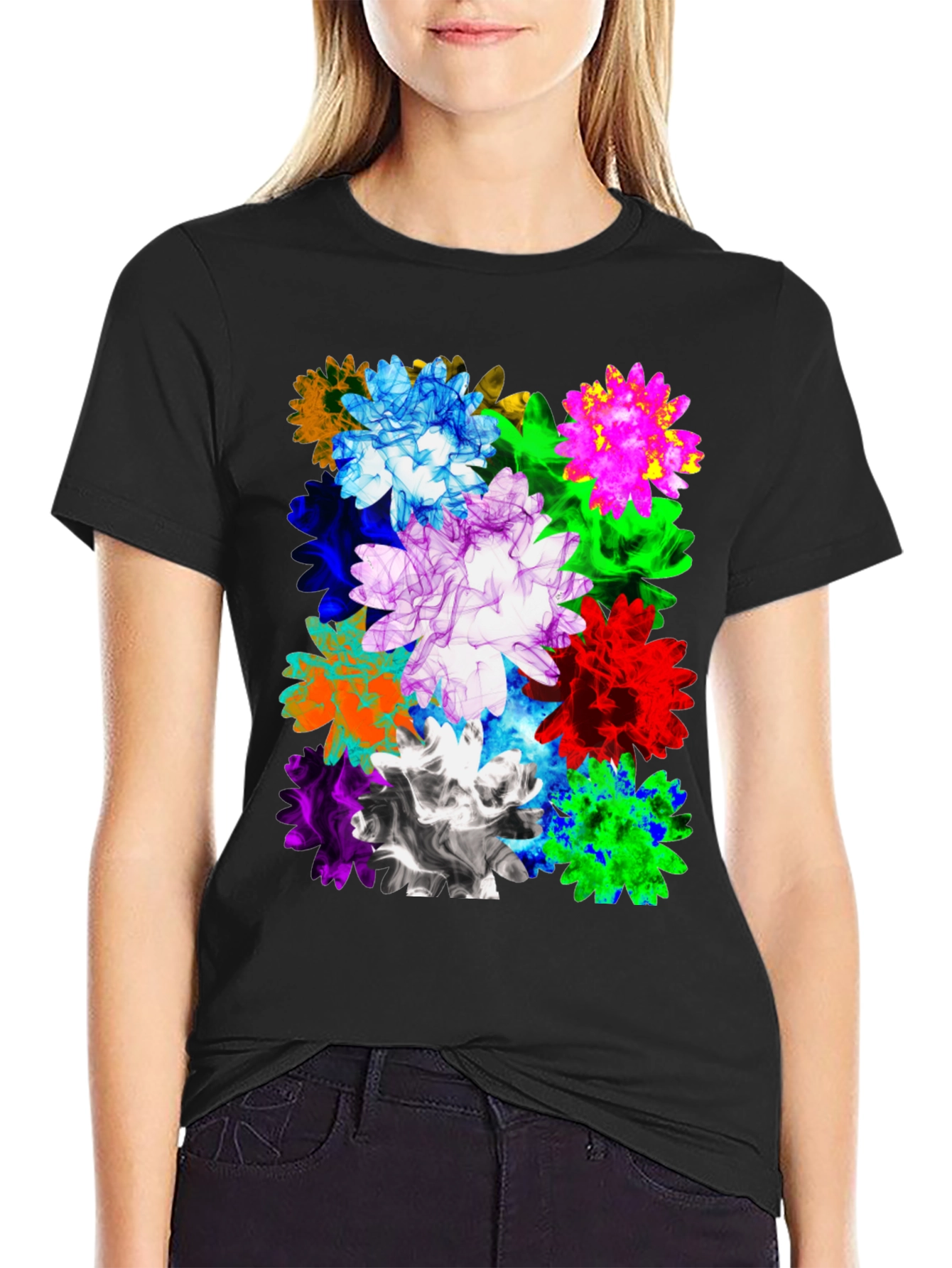 Vibrant Floral Print Mens Black T-Shirt
