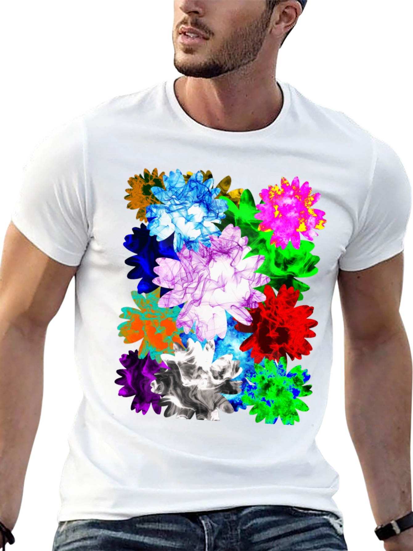 Vibrant Floral Print Mens Black T-Shirt