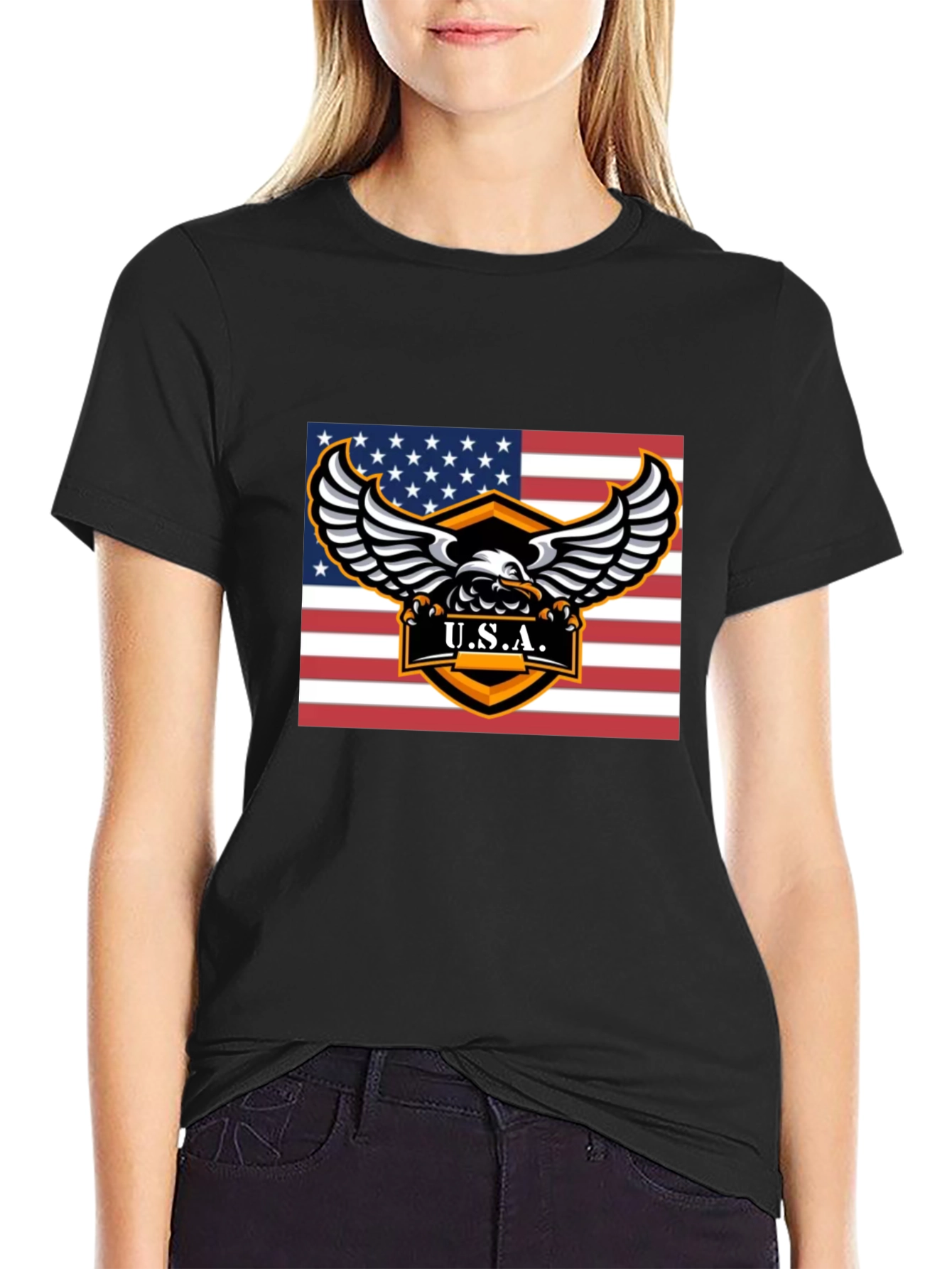USA Eagle Graphic Print Black T-Shirt