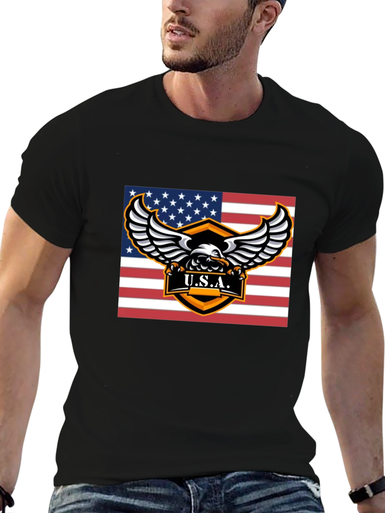 USA Eagle Graphic Print Black T-Shirt