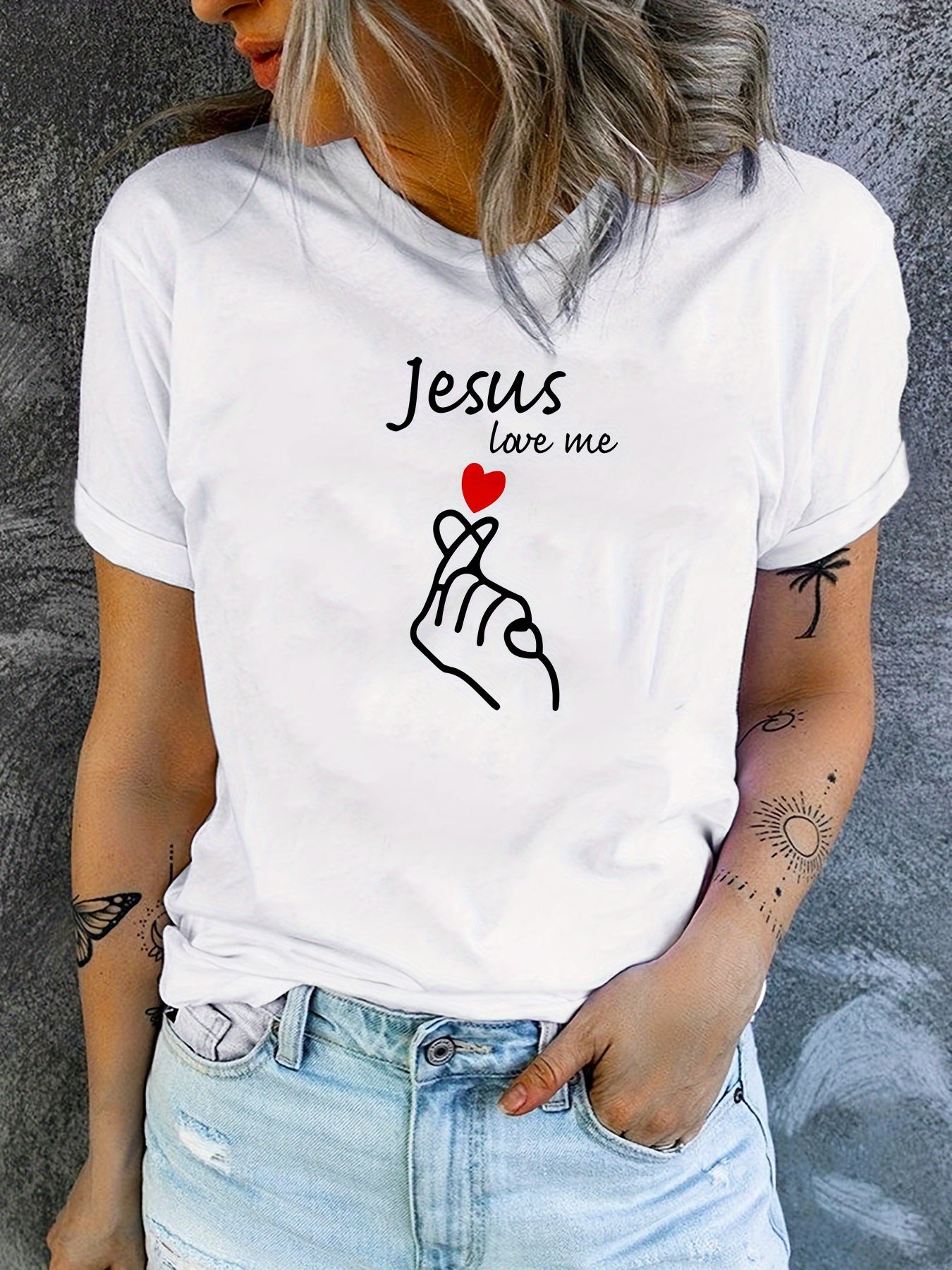Women's Casual Short Sleeve T-Shirt - Jesus Love Me Heart Hands Print, White Round Neck Summer Top, Breathable & Machine Washable, Heart Print T Shirt