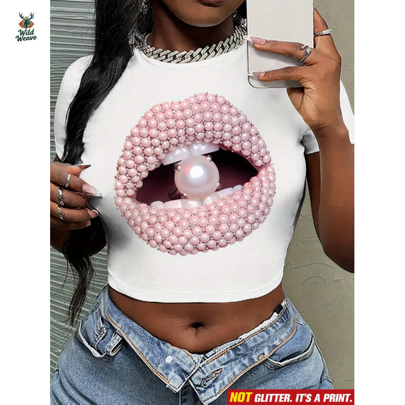 Women's Y2K Glossy Lip & Bead Print Crop Tee - Short Sleeve Round Neck Button-Like Lip Design, Slim Fit Summer Blouse, Machine Washable Casual Party Outfit (Pink/White), Non-Sheer