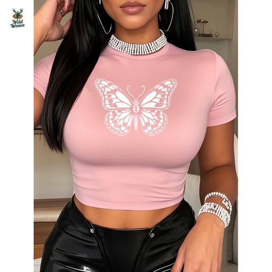 Women's Stretchy Y2K Graphic Print Crop Top T-Shirt - Slim Fit Crew Neck Summer Tee with Butterfly Design, Machine Washable Casual Top, Rhinestone Chain Accent | Delicate Detail Shirt
