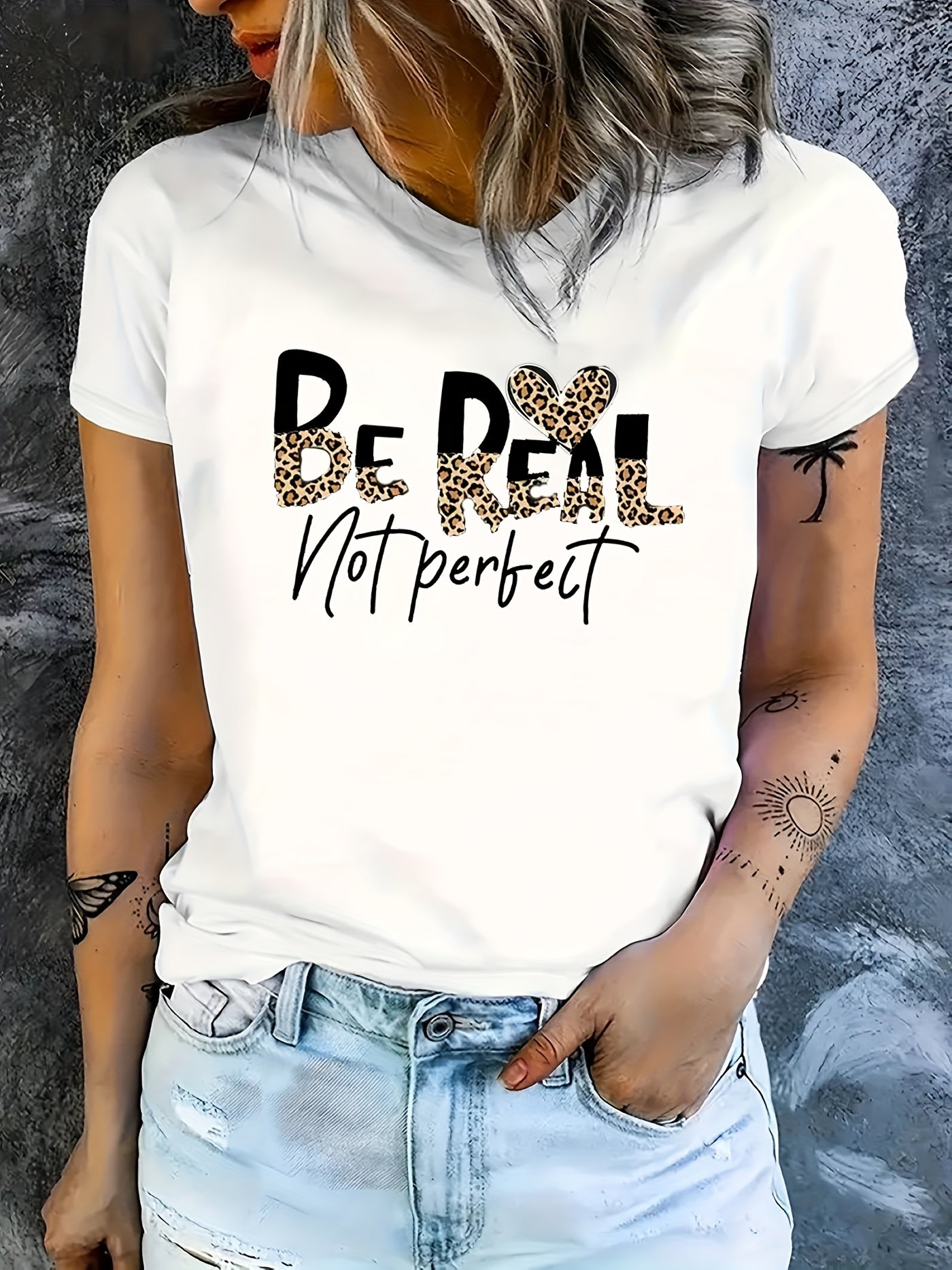 Women'S Casual T-Shirt with "BE REAL NOT PERFECT" Leopard Print Lettering - Relaxed Fit Short Sleeve Round Neck Top for Spring Summer Fall Casual Attire, Positive Affirmation Graphic Tee for Women