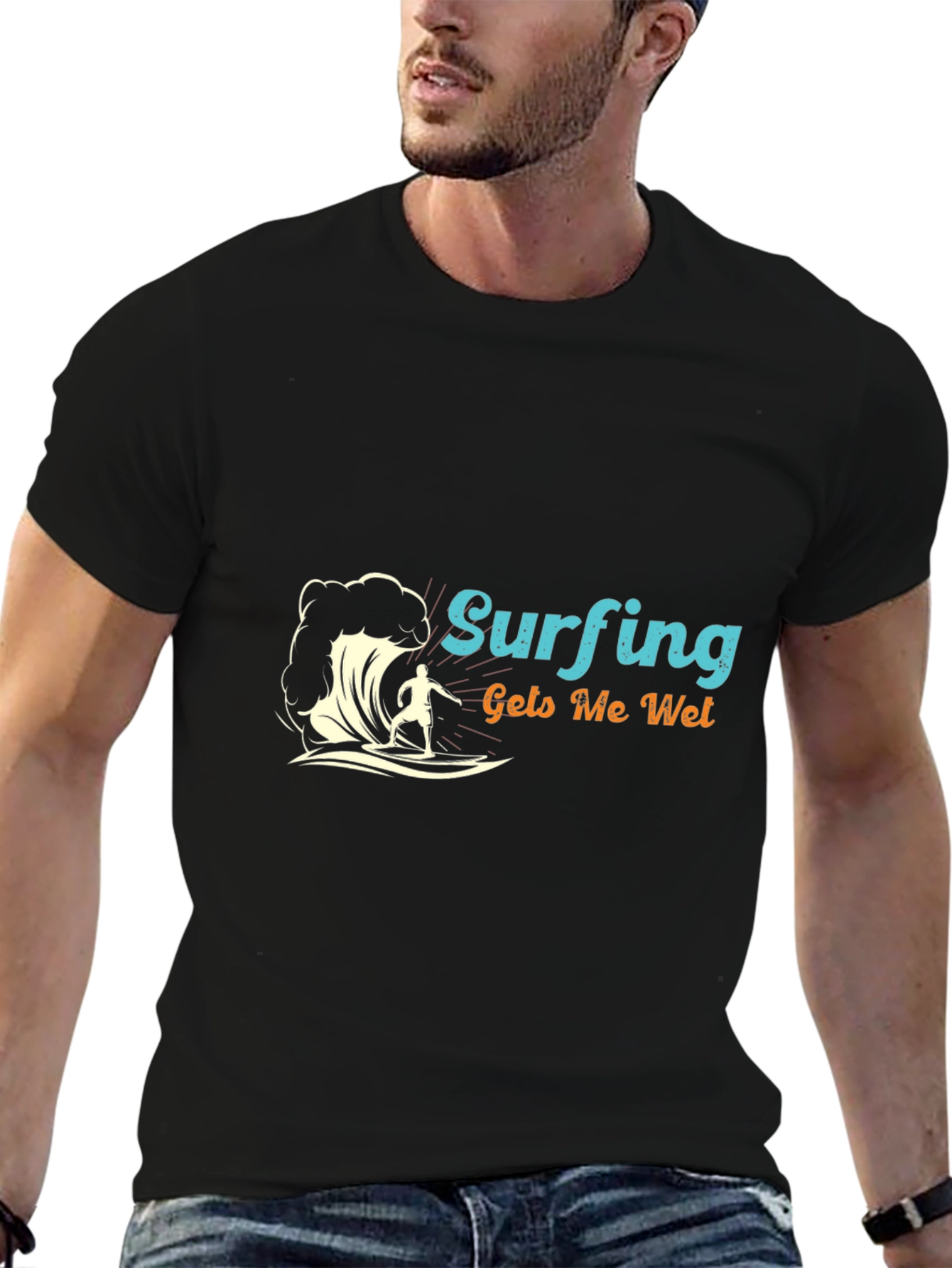 Surfing Gets Me Wet Black Tee Shirt