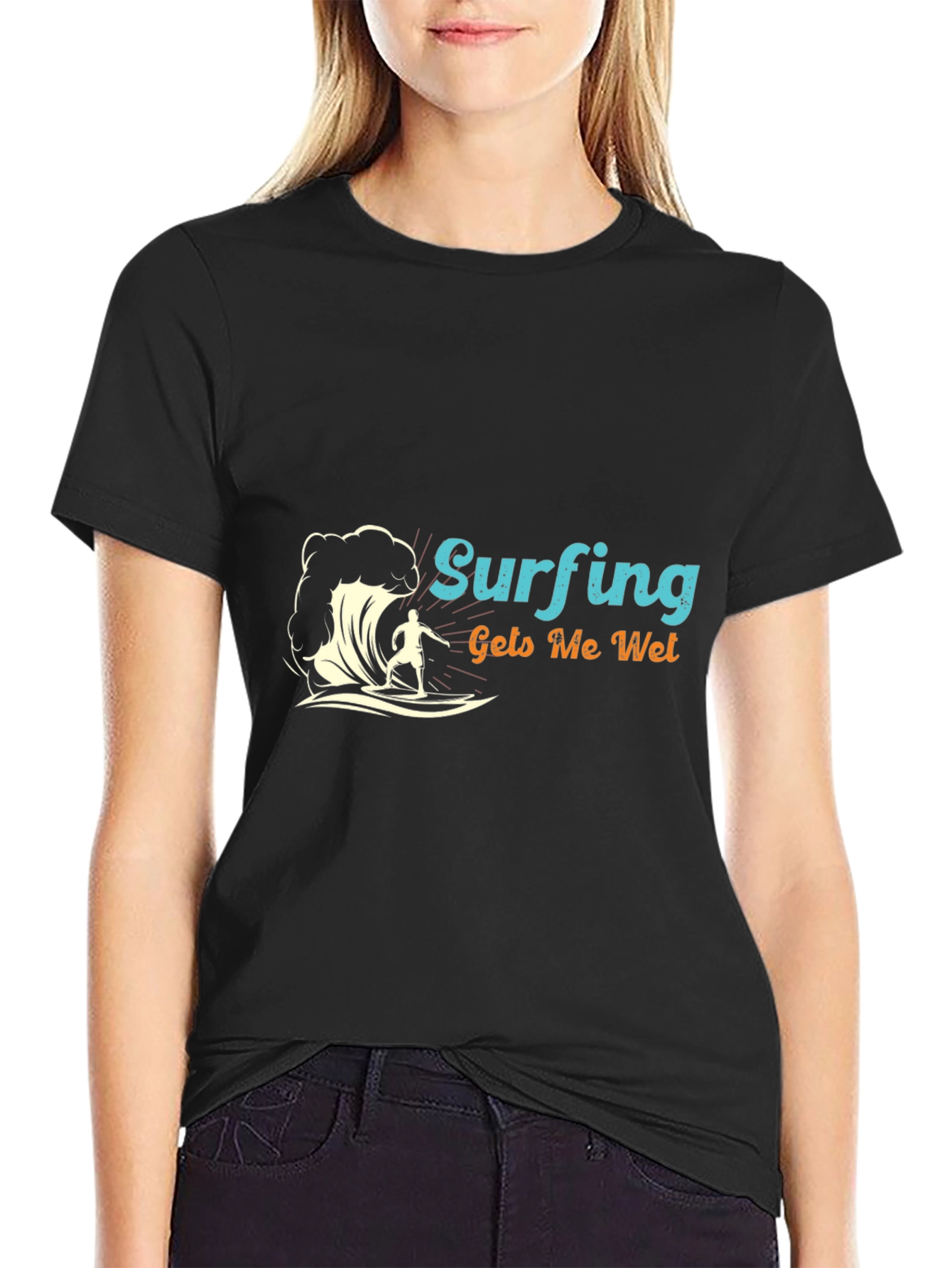 Surfing Gets Me Wet Black Tee Shirt