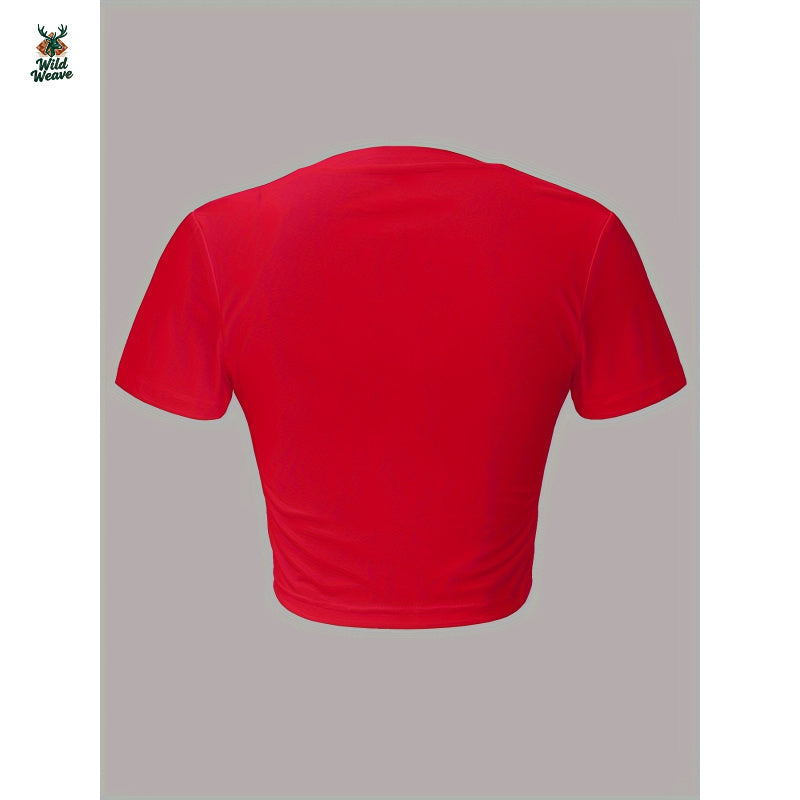 Women's Sexy Summer Crop Top - Vibrant Red Teddy Bear Zipper Graphic Tee, Soft Stretch Round Neck Short Sleeve Shirt, Machine Washable Casual Streetwear, Teddy Bear T Shirt, Playful Fashion, Playful Graphic Tee