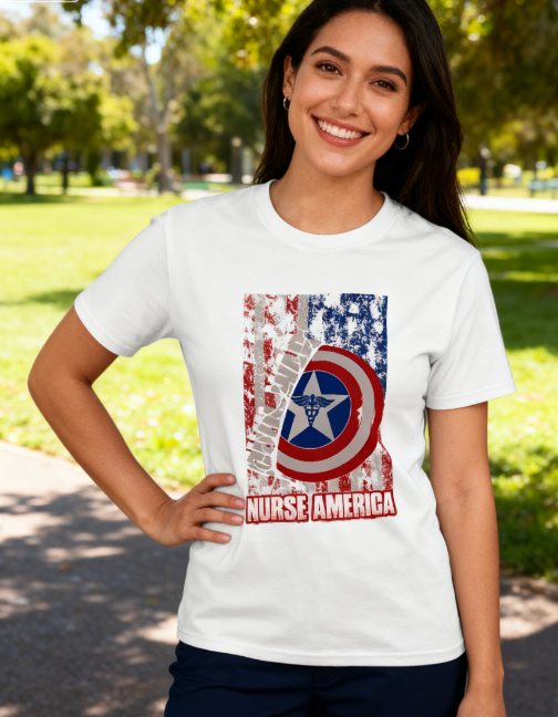 T2199609 Nurse America Patriotic Shield 100% Cotton T-Shirt - Unisex Healthcare Hero Tee for Every Occasion