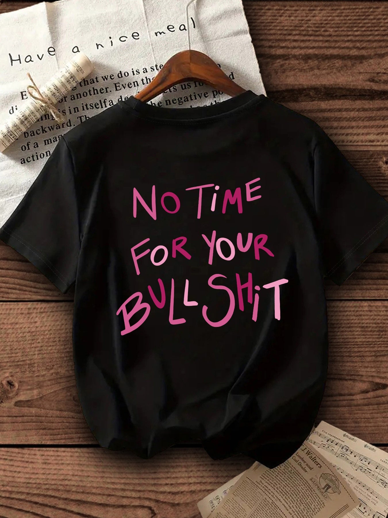 Women's Casual Short Sleeve T-Shirt with Bold "NO TIME for YOUR BULLSHIT" Pink Letter Print - Black Round Neck Summer Top, Machine Washable & All-Season Comfort, Ladies T Shirts, Relaxed Style, Statement Shirt, Durable Construction, Print Shirt, Fashion L